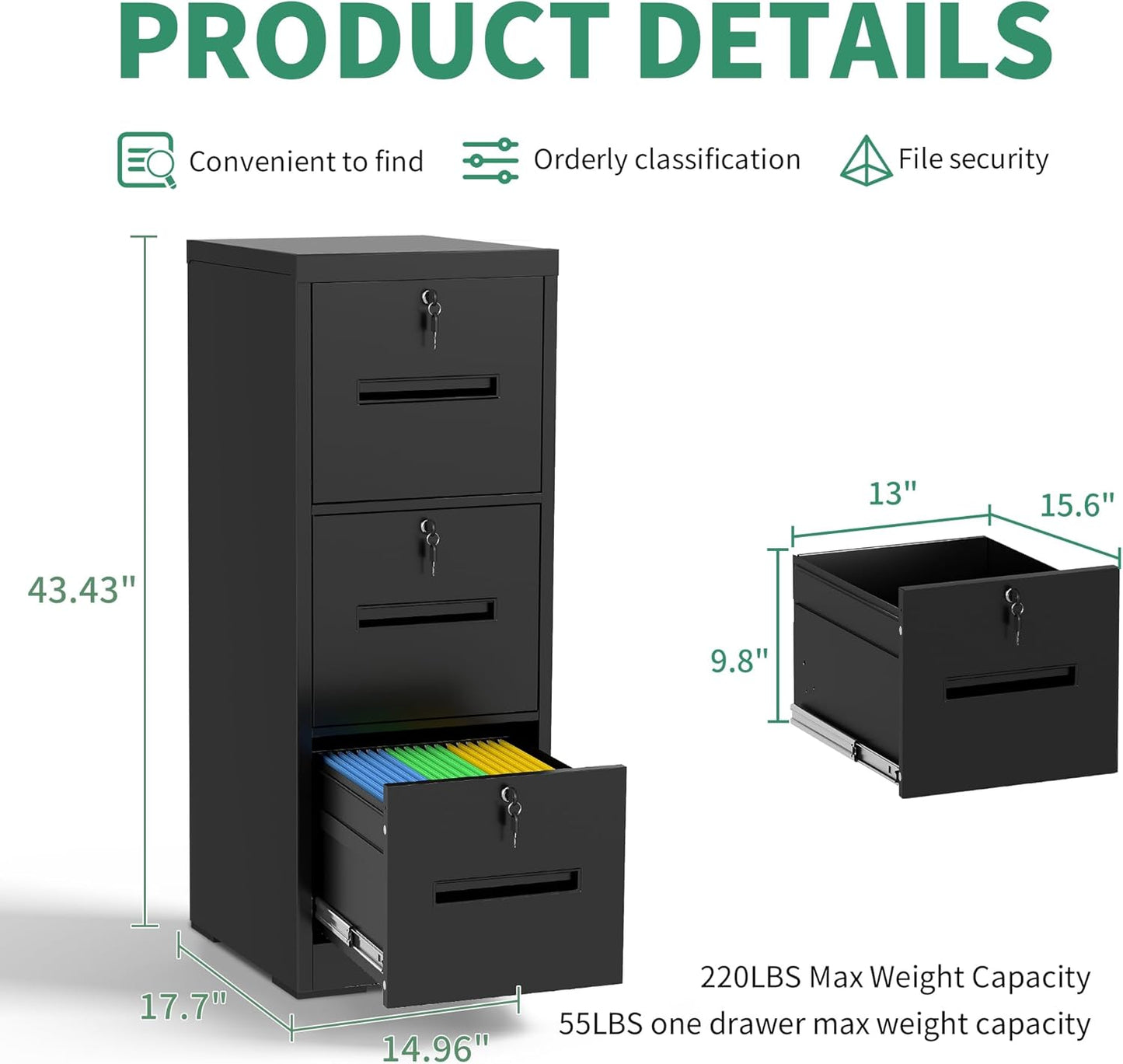 File Cabinet 3 Drawer with Lock, Vertical Filing Cabinets for Home Office, Metal Steel Storage Cabinet for Letter/Legal Size File, Assembly Required(Black)