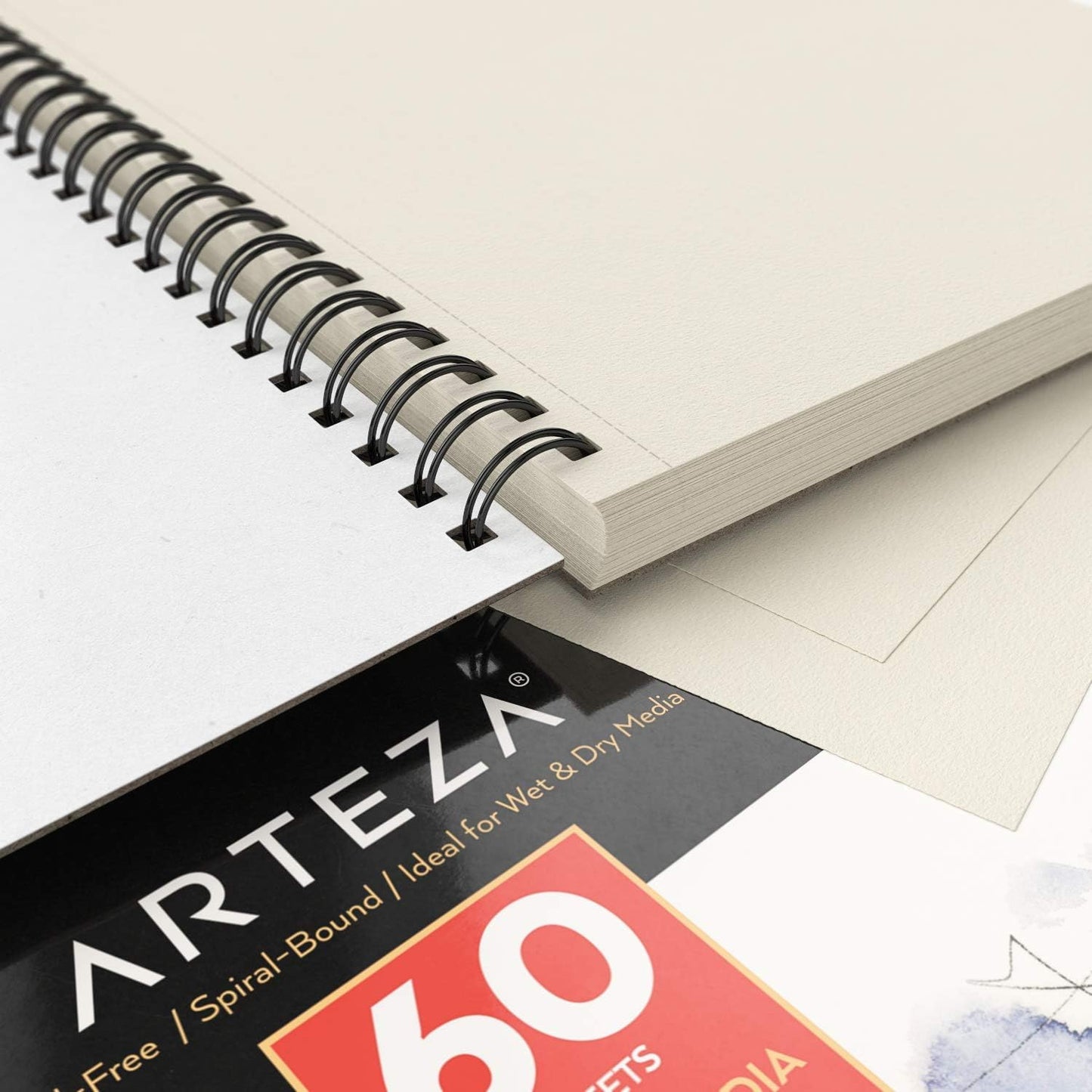 ARTEZA Mixed Media Sketchbook, 9x12 Inches – 2-Pack, 60 Spiral-Bound Sheets, 110 lb Acid-Free Paper for Wet & Dry Media: Acrylic, Ink, Pencil & More