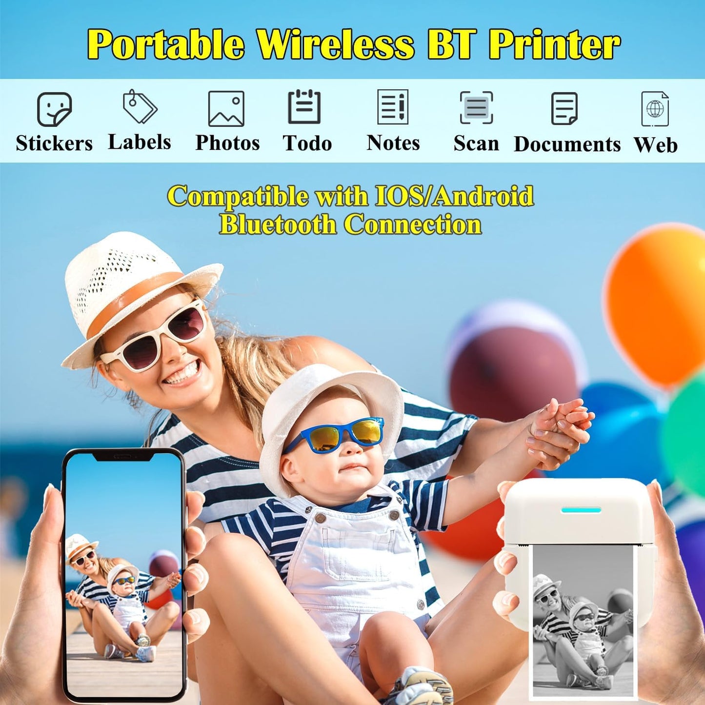 Mini Portable Printer, Inkless Sticker Printer with 12 Rolls Paper, Thermal for Notes/Photos/Stickers/Labels/Receipts, Compatible with iPhone, Android Phone & Tablet, White