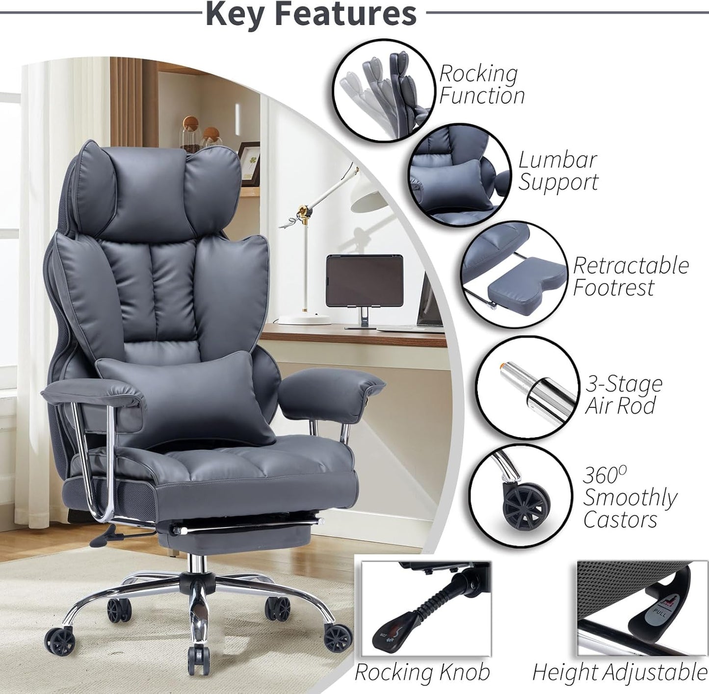 Efomao Big and Tall Office Chair with Footrest, 400LBS PU Leather High Back Executive Office Chair with Lumbar Support, Wide Computer Chair for Home Office, Dark Grey
