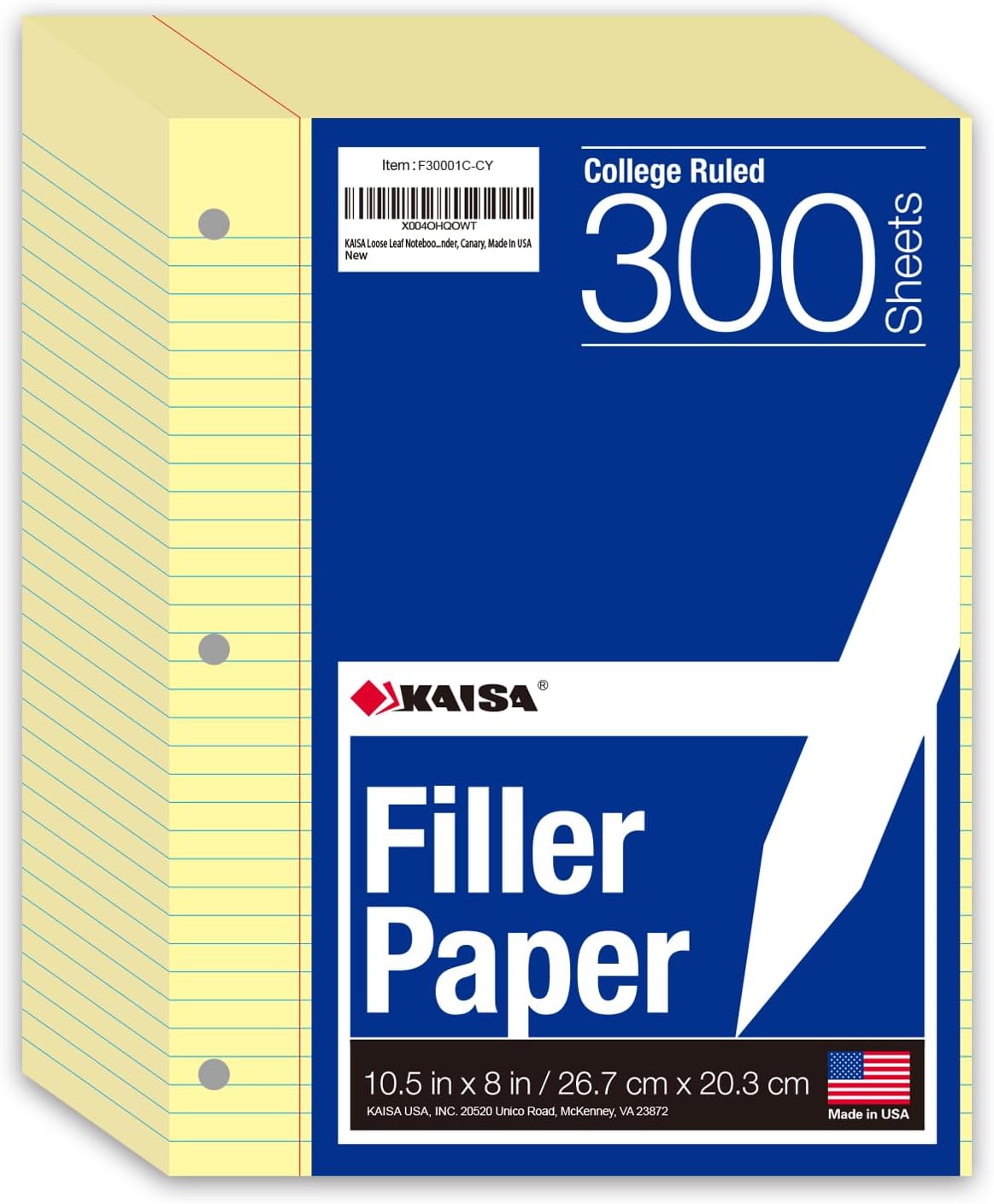 KAISA Loose Leaf Notebook Paper, College Ruled, 300 Sheets Per Lined Paper, 8" x 10.5", 3 Hole Punched for 3 Ring Binder, Canary, Made In USA
