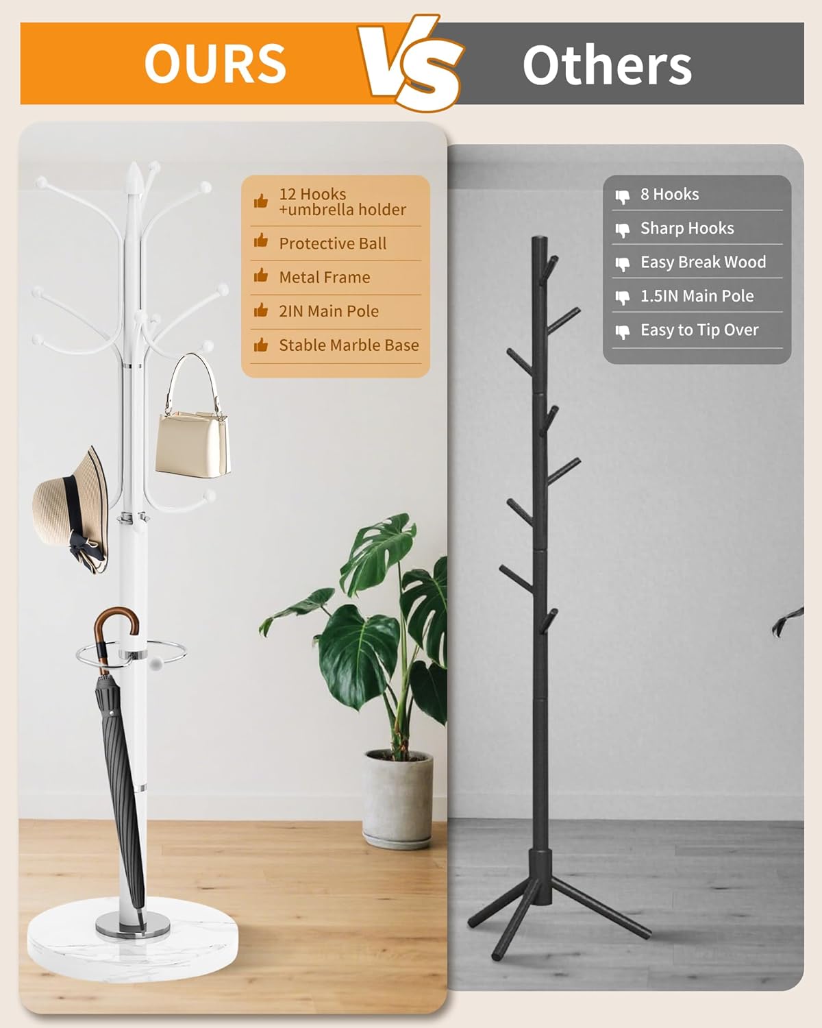 EZIVIEZ Modern Coat Rack Stand, Metal Freestanding Coat Rack with Natural Marble Base, Heavy-Duty Coat Racks with Umbrella Holder,White Coat Hanger Stand with 12 Hooks for Office, Entryway, Hallway