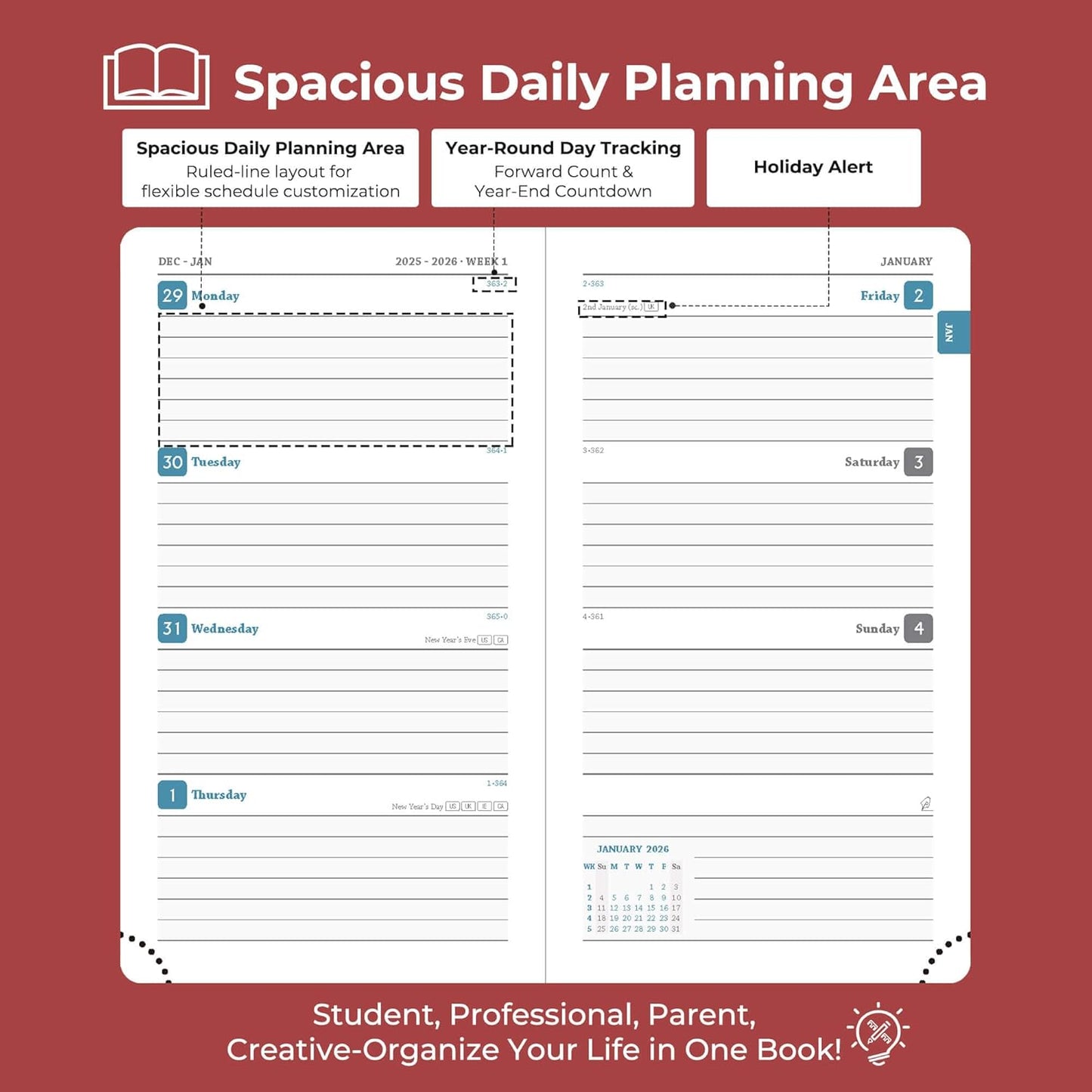 Planner 2026 Daily Weekly and Monthly,6.5"x3.75",12 Months Spiral Bound Calendar Agenda with Self-adhesive Pen Holder,2026 Appointment Book with Vegan Leather Soft Cover,Red