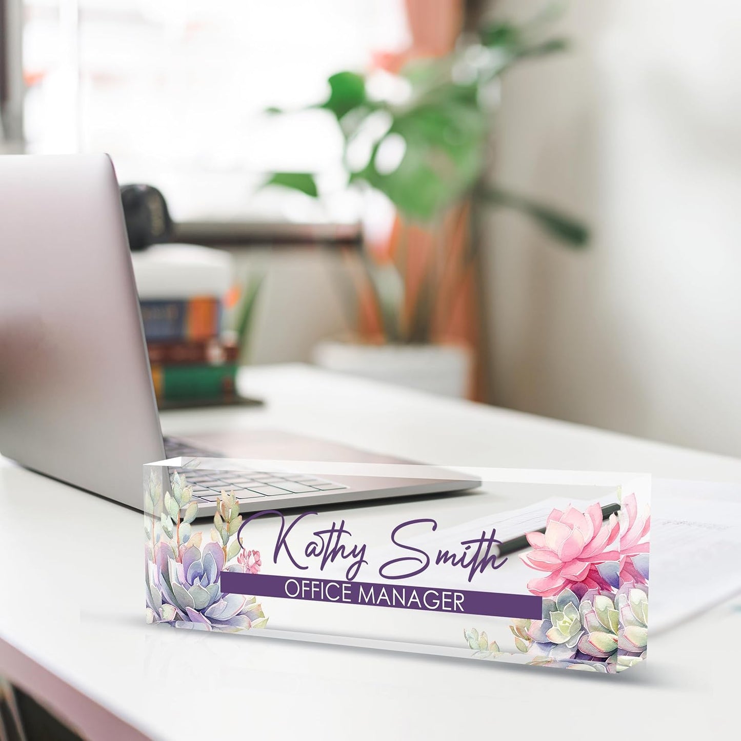 Personalized Name Plate for Desk, Custom Desk Name Plate, Acrylic Name Plate Office Desk Accessories, Personalized Office Gifts for Coworkers Teachers, Employee Appreciation Gifts (A-Blooming)