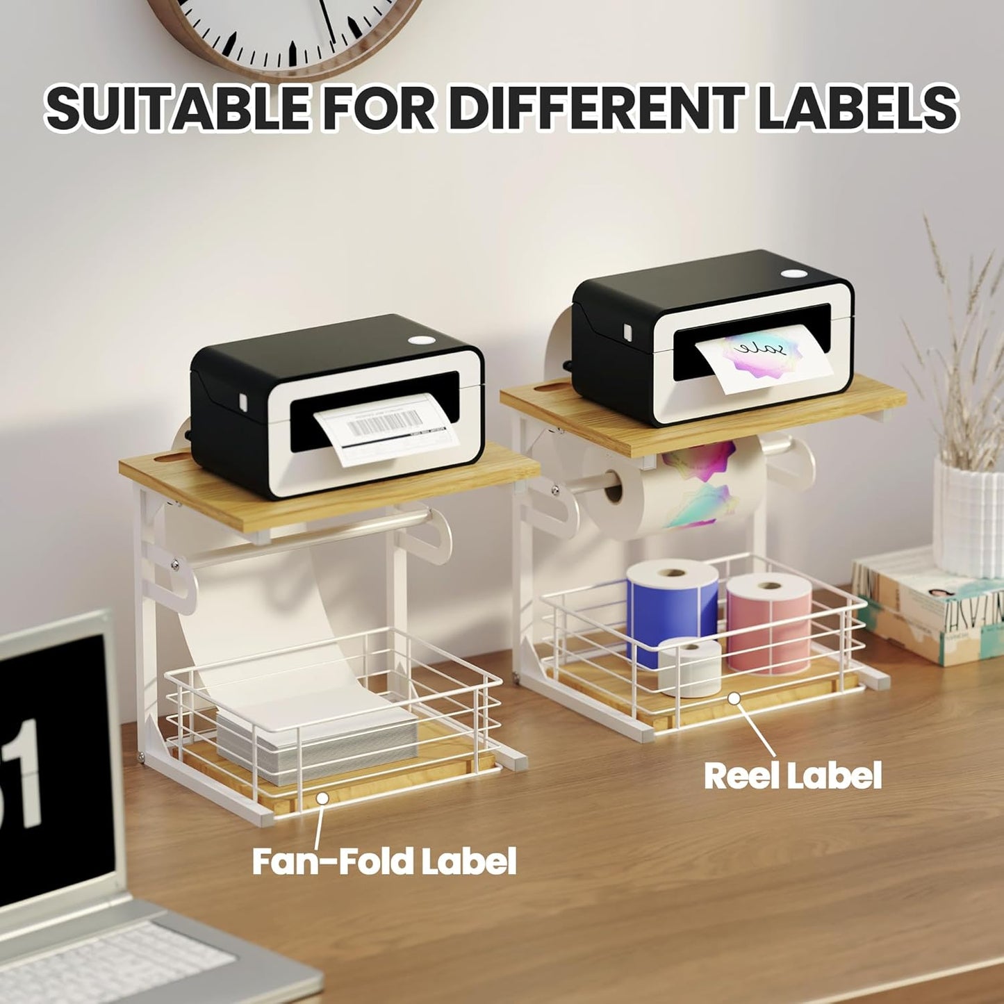 Label Holder for Rolls and Fan-Fold Labels, Wooden Thermal Sticker Roll Holder for Desktop Thermal Label Printer, Solid Shipping Label Holder & Desktop Label Printer Accessory Supplies, White