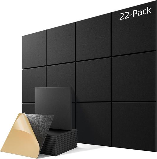 22 Pack Self-Adhesive Acoustic Panels, 12" X 12" X 0.4" High-Density Sound Proof Foam Panels for Walls, Soundproof Wall Panels for Home & Office (Black)