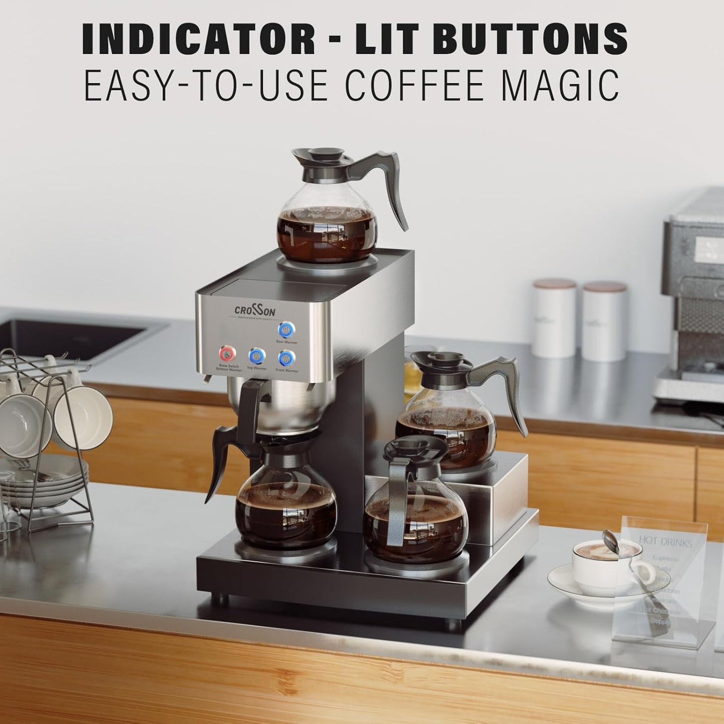 crosson 12 Cup Commercial Coffee Brewer with 4 Warmers & 4 Glass Decanter,Pour Over Drip Coffee Maker with Stainless Steel Housing and 304 SS Funnel
