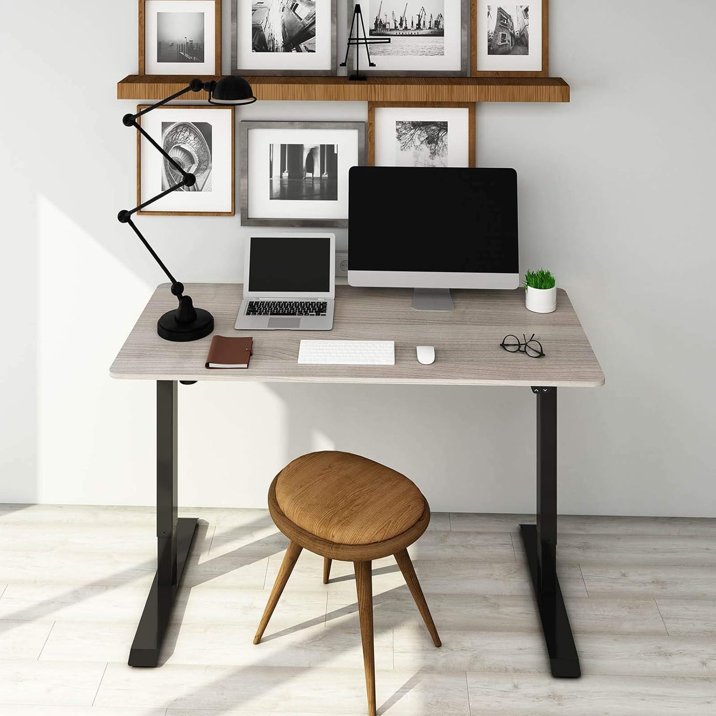 FLEXISPOT EN1 Whole Piece Standing Desk, 60 x 24 Inches Height Adjustable Desk Electric Sit Stand Desk for Home Office (Black Frame + Gray Wood Desktop, 2 Packages)