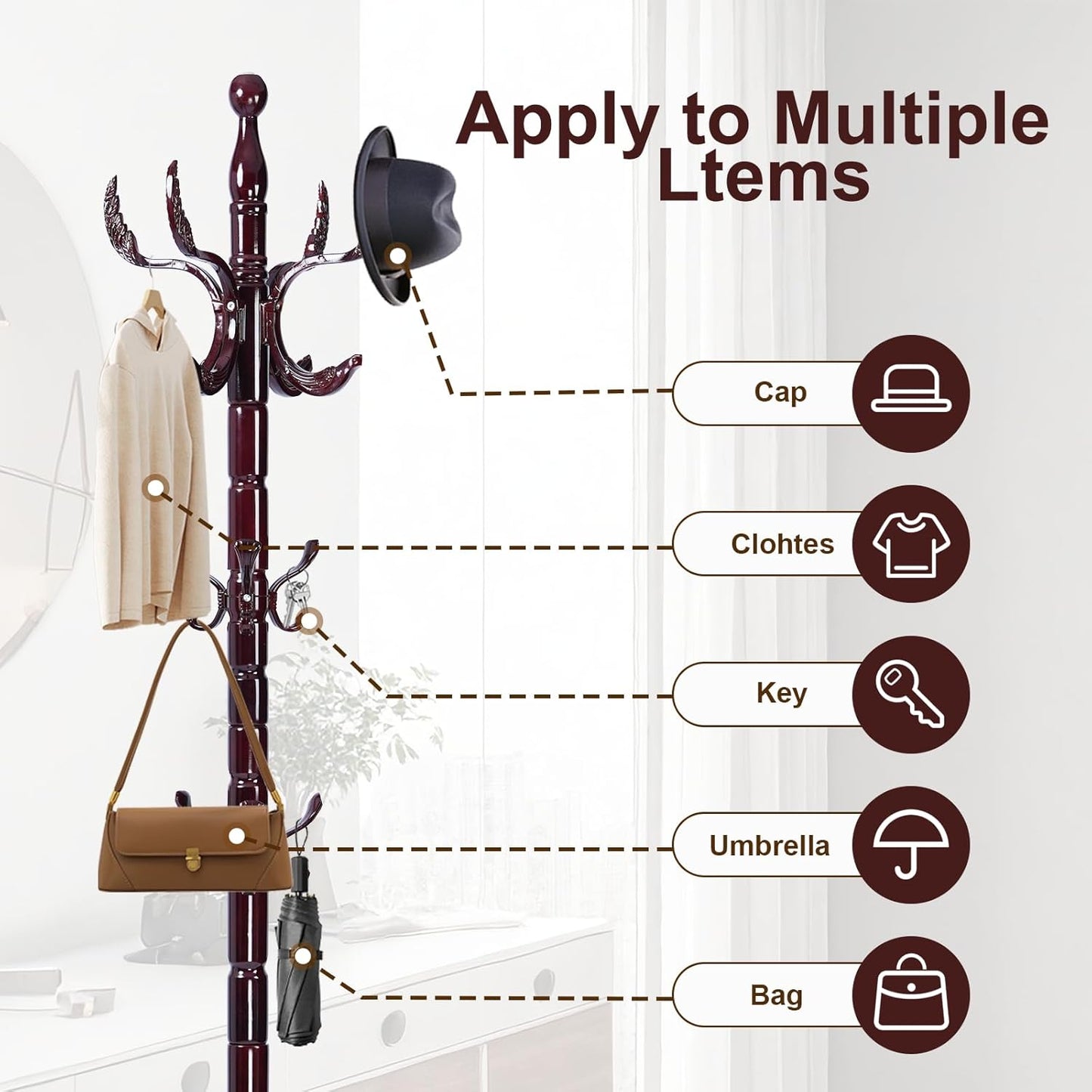 Solid Wood Coat Rack – 72" Freestanding Coat Racks Stand with 14 Hooks & Stable Base, Adjustable Height Modern Wooden Hall Tree for Entryway, Bedroom, Office, Home (Mahogany Phoenix Hook)