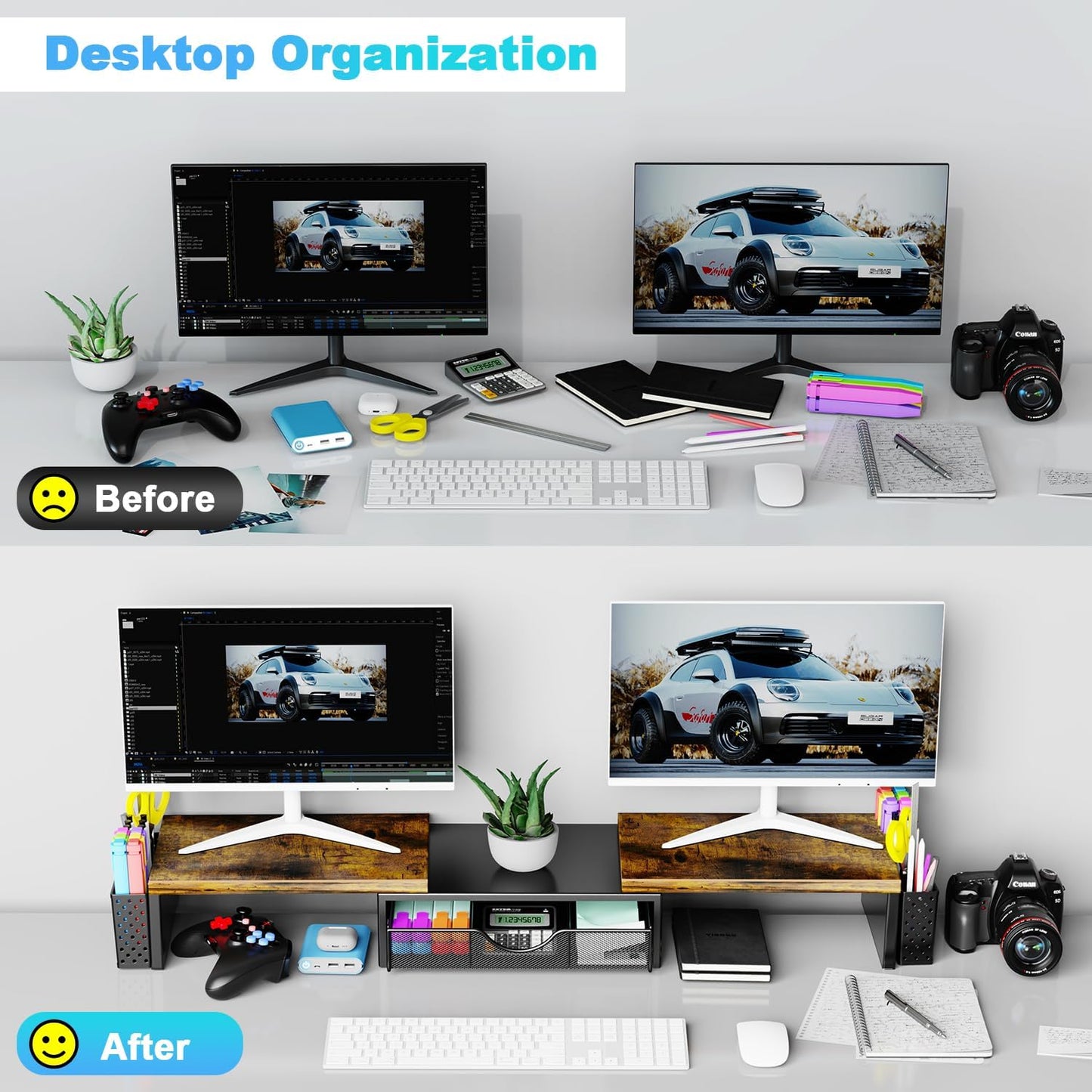 Spacrea Metal Desk Organizers and Accessories, Dual Monitor Stand Riser with Drawer and 2 Pen Holders, Desk Accessories & Workspace Desktop Organizers for Office Supplies (Wood)