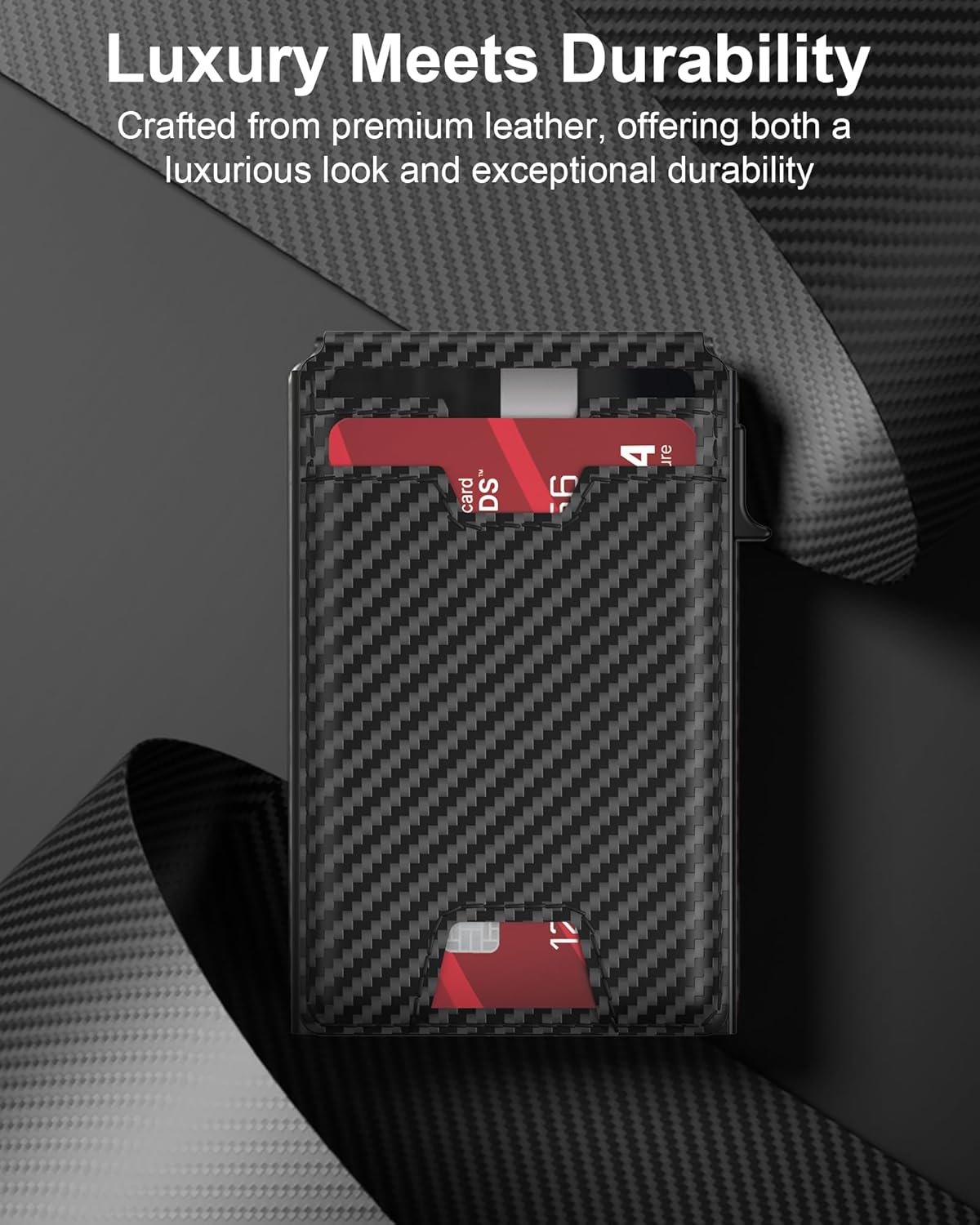 typecase Mens Wallet Card Holder: Pop Up Card Case, Genuine Leather, RFID Blocking, Smart, Slim, Minimalist, Thin - 13 Card Capacitiy, ID Window, Cash Strap (Carbon Fiber)