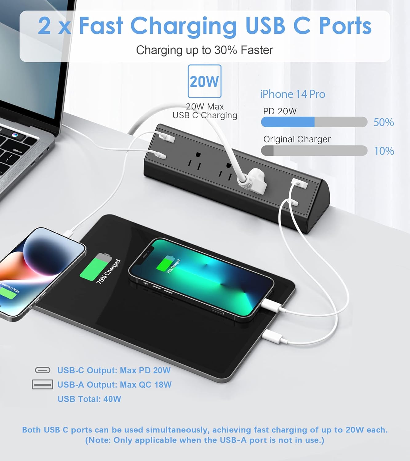 Jgstkcity Desk Clamp Power Strip,40W Total Fast Charging Station,2 PD 20W USB C Ports,Desk Edge Mount Surge Protector for Home, Office,3 Outlets,Fit 1.96" Tabletop Edge,ETL Listed
