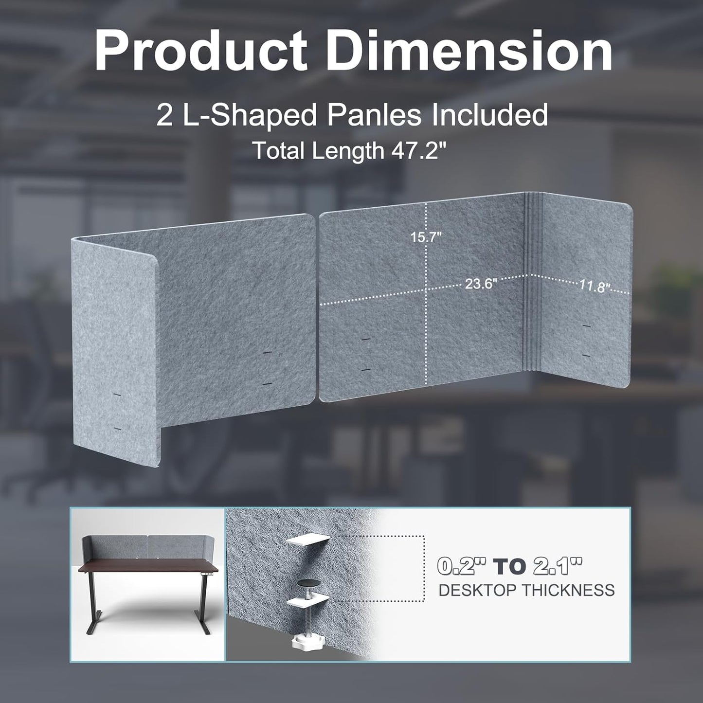 Desk Privacy Panel - Under Desk Modesty Screen & Cubicle Divider, 2PCS L-Shaped Acoustic Partition for Home Office Classroom, Reduces Noise & Visual Distractions (Grey, 47.2" x 15.7")