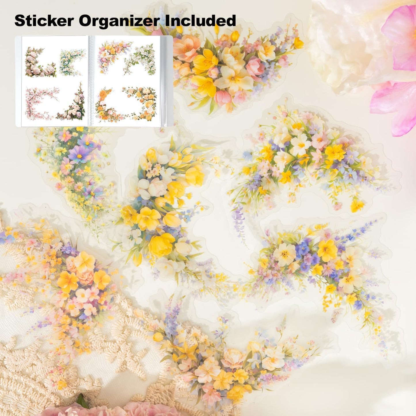 60 Pcs Vintage Flower PET Stickers Set, Large Floral Corner Stickers for Scrapbooking, Journaling, DIY Crafts, with Organizer