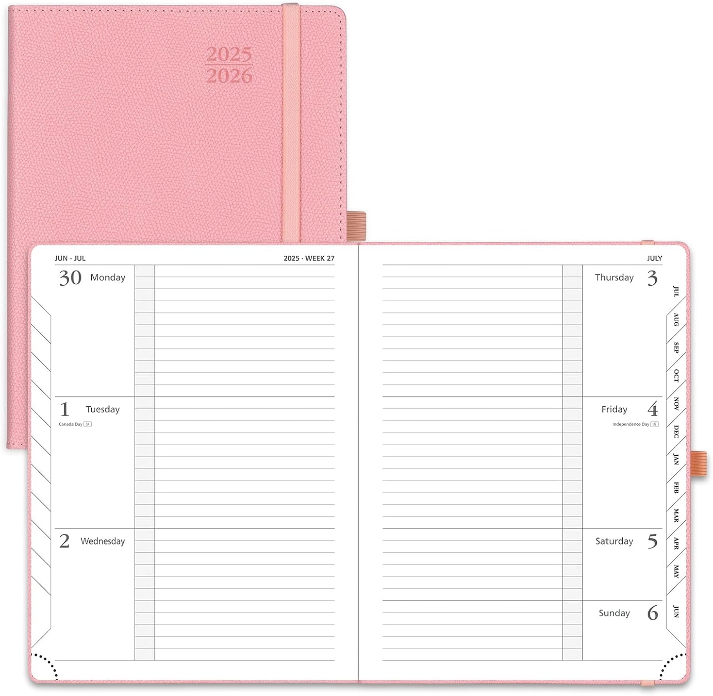 POPRUN Planner 2025-2026 (Medium 6.75''x 8.75''), Horizontal Weekly Notebook Jul.2025 - Jun.2026, Academic Appointment Book with Monthly Tabs, Leather Hardcover, Inner Pocket, 100 GSM - Soft Pink