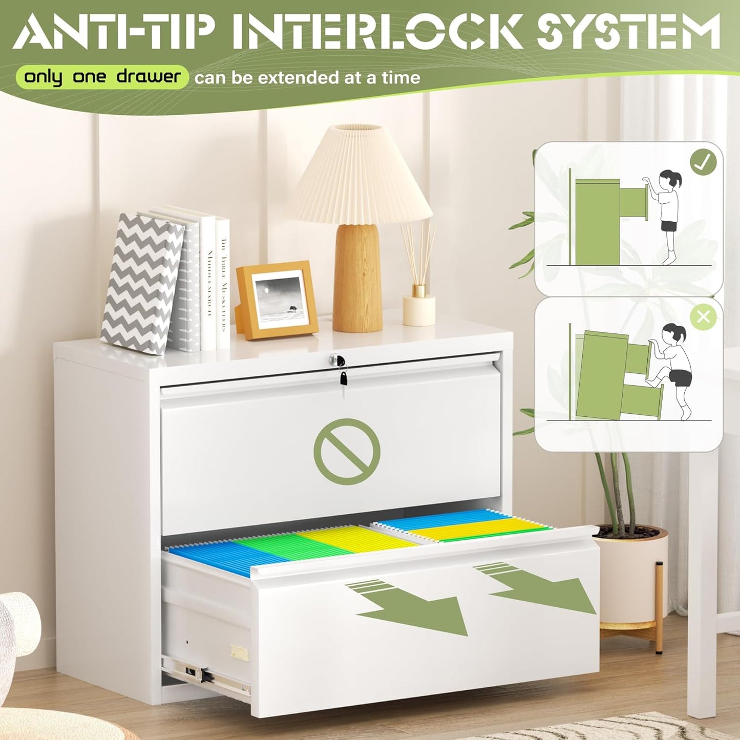 Crownland Lateral File Cabinet with 2 Drawers, 28" W Metal Lockable Office File Cabinets for Home Office- Stores Letter/Legal/A4/F4 Files(White)