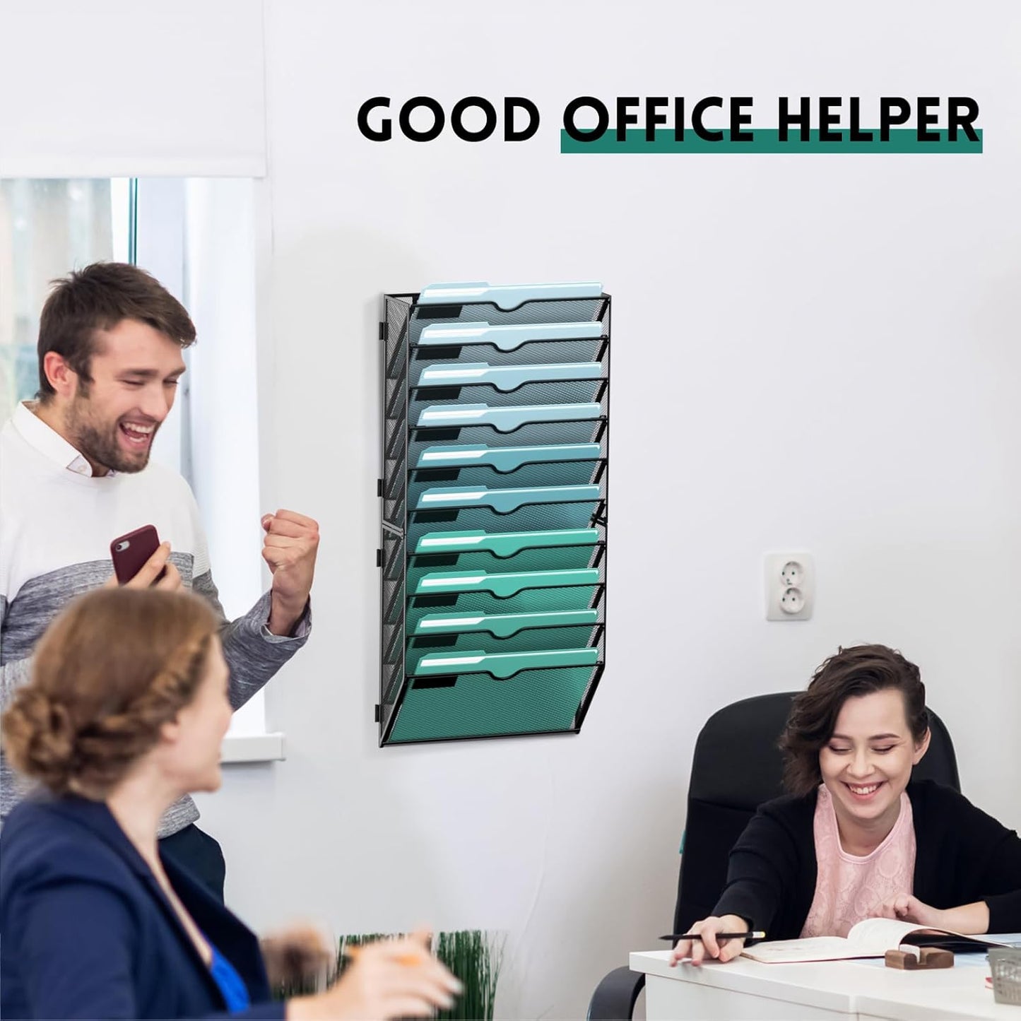 SUPEASY 10-Tier Wall File Organizer, Hanging Wall Files for Papers, Folders, Magazines, Wall Organizer for Clipboard, Assembly Needed, Black