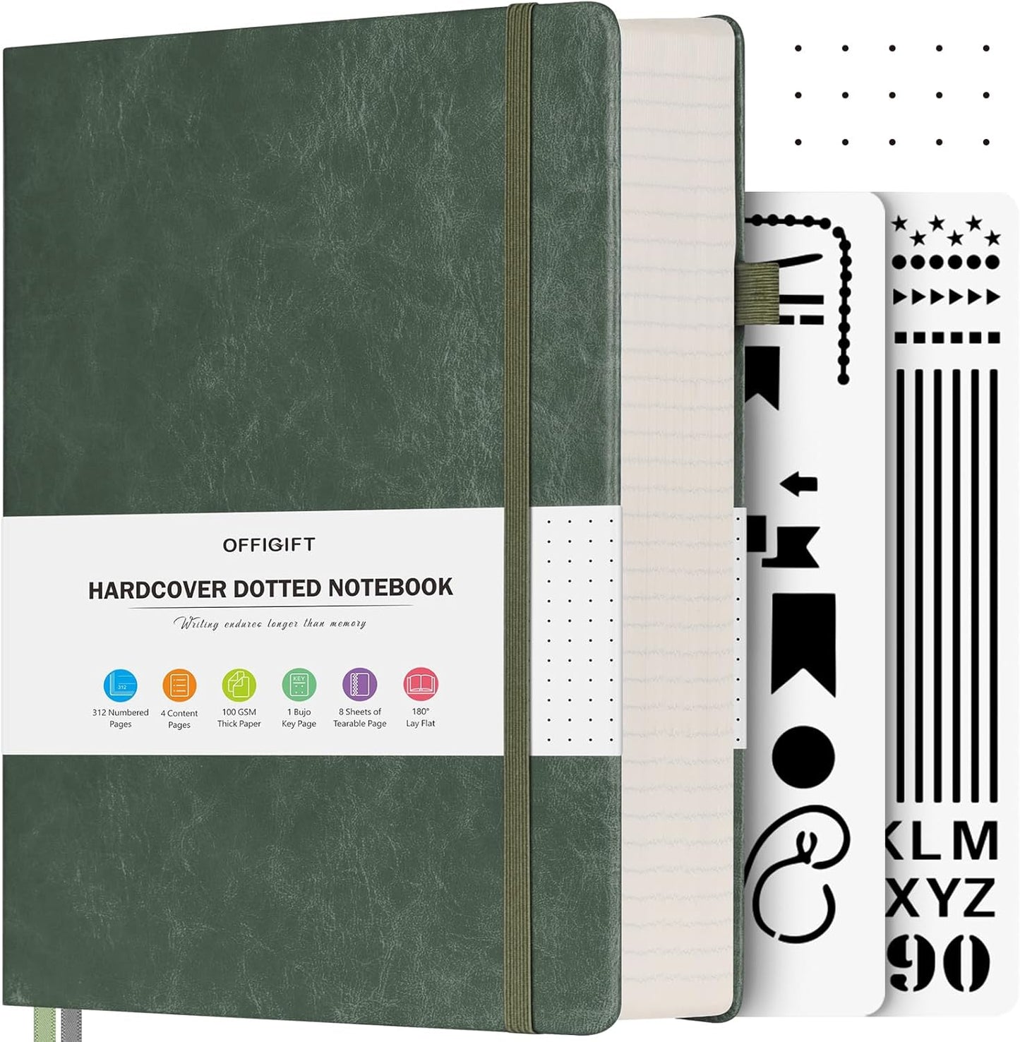 Bullet Dotted Journal Notebook, 312 Numbered Pages A5 Hardcover Leather Journal, 100gsm No Bleed Paper Dot Grid Notebook with Index Pages, Dot Journal for Women Men, 5.75" x 8.38", Green