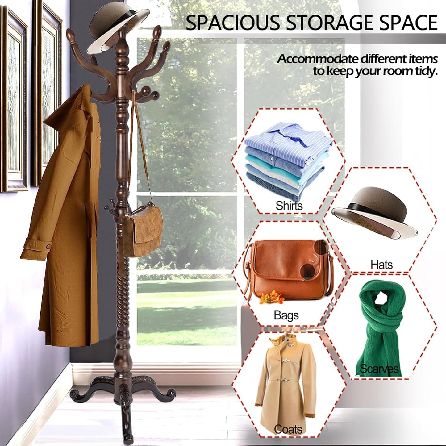 Coat Racks Free Standing with 14 Hooks, Natural Wood Coat Stands for Entryway, Adjustable Height 73 in Tree Coat Rack Stand for Hallway Home Office Bedroom (Dark Brown Triangle)