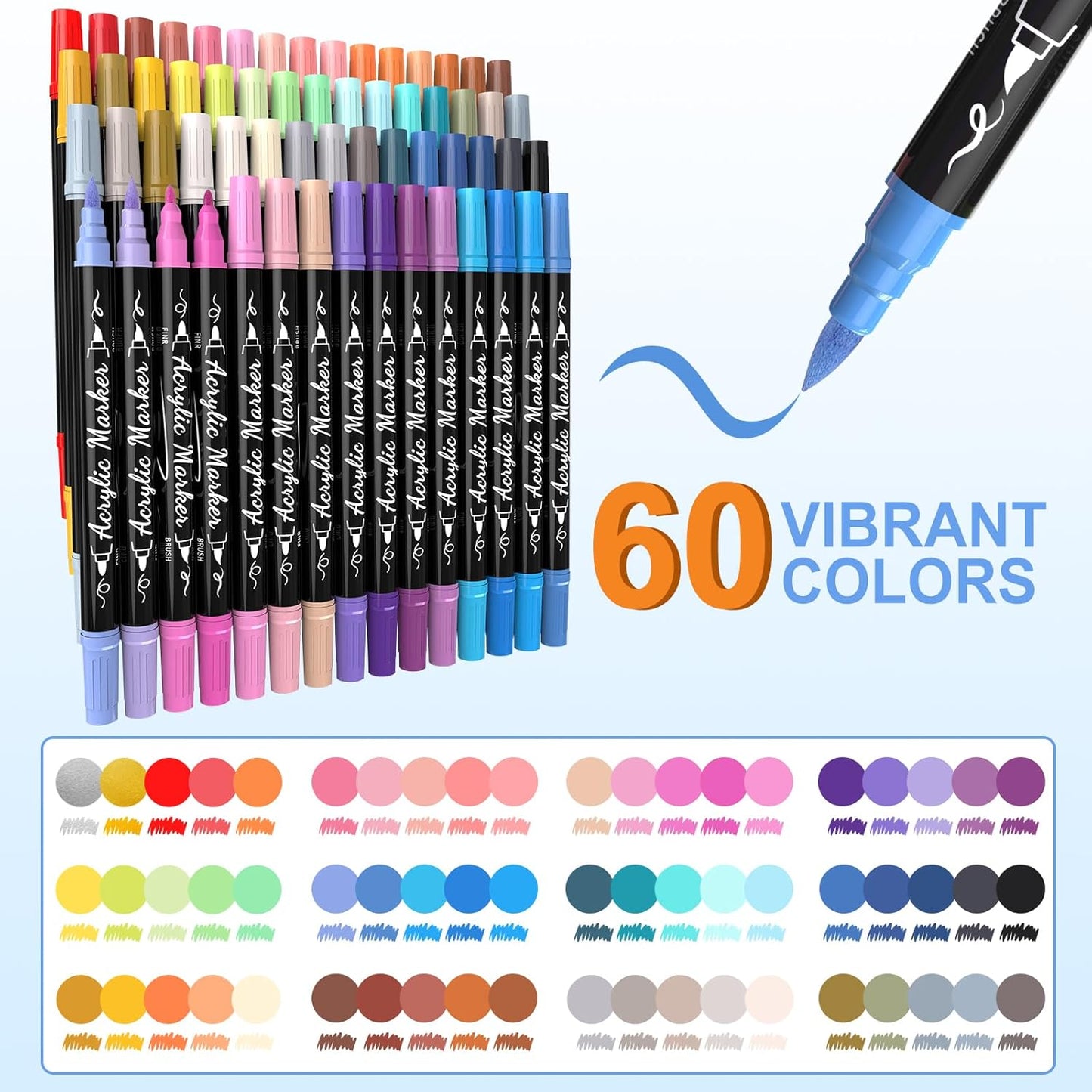 Acrylic Paint Pens Markers, 60 Colors Dual Tip Acrylic Paint Pens with Brush Tip and Fine Tip, Waterproof Markers for Rock Painting, Wood, Canvas, Stone, Glass, Ceramic,DIY Crafts Making Art Supplies