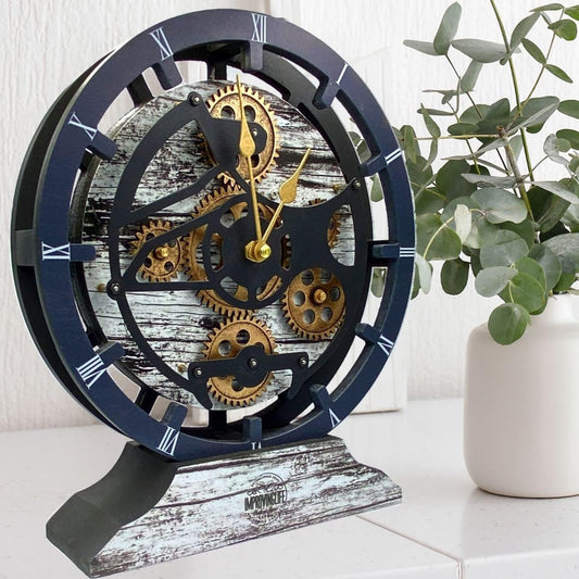 The Gears Clock Desk Clock 10 inches with Real Moving Gears Convertible into Wall Clock (Grey & White)