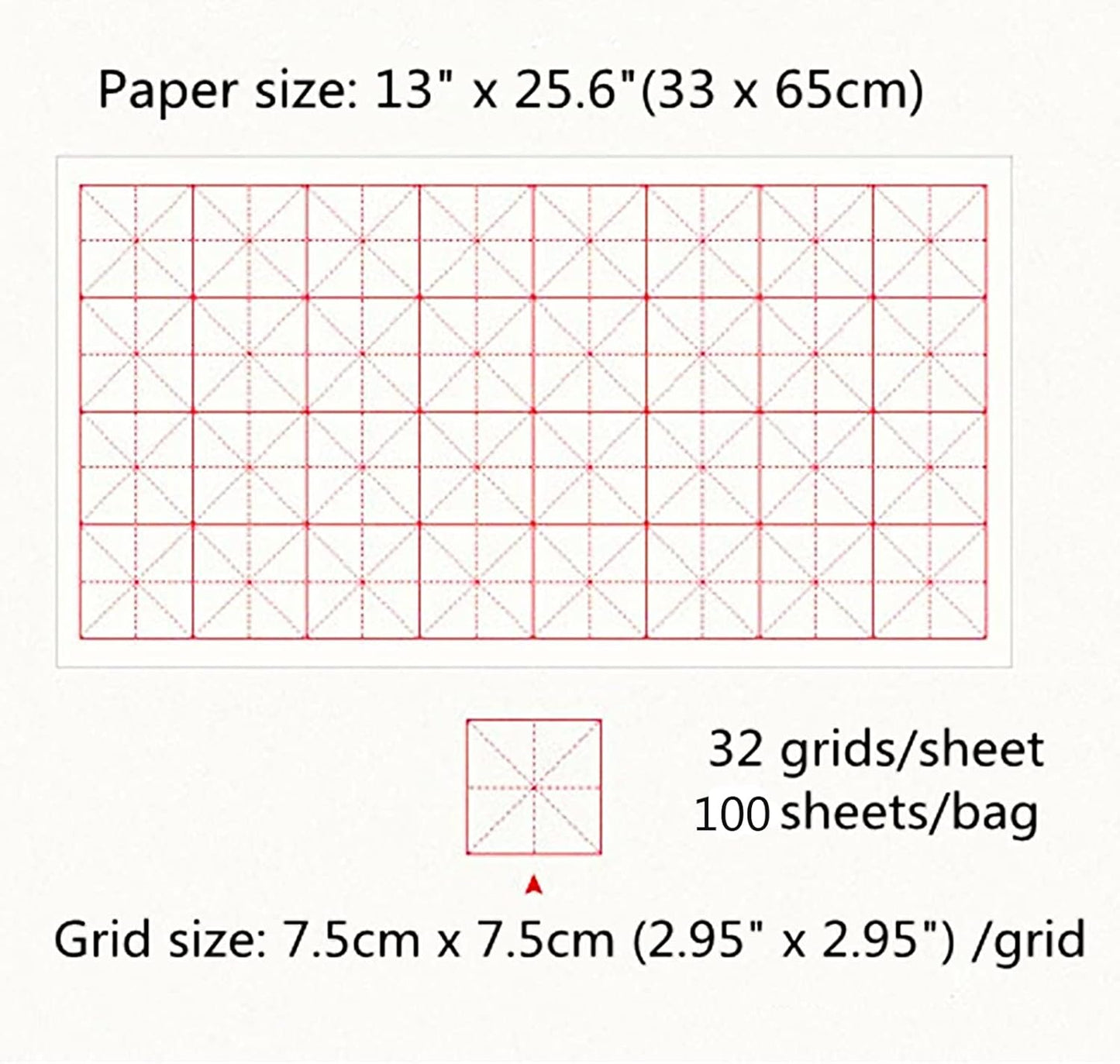 MEGREZ Chinese Calligraphy Xuan Paper Brush Writing Sumi Paper Xuan Paper Rice Paper with Grids for Students, Beginners Practice Kanji Japanese Calligraphy, 100 Sheets/Pack, 7.5cm/Grid