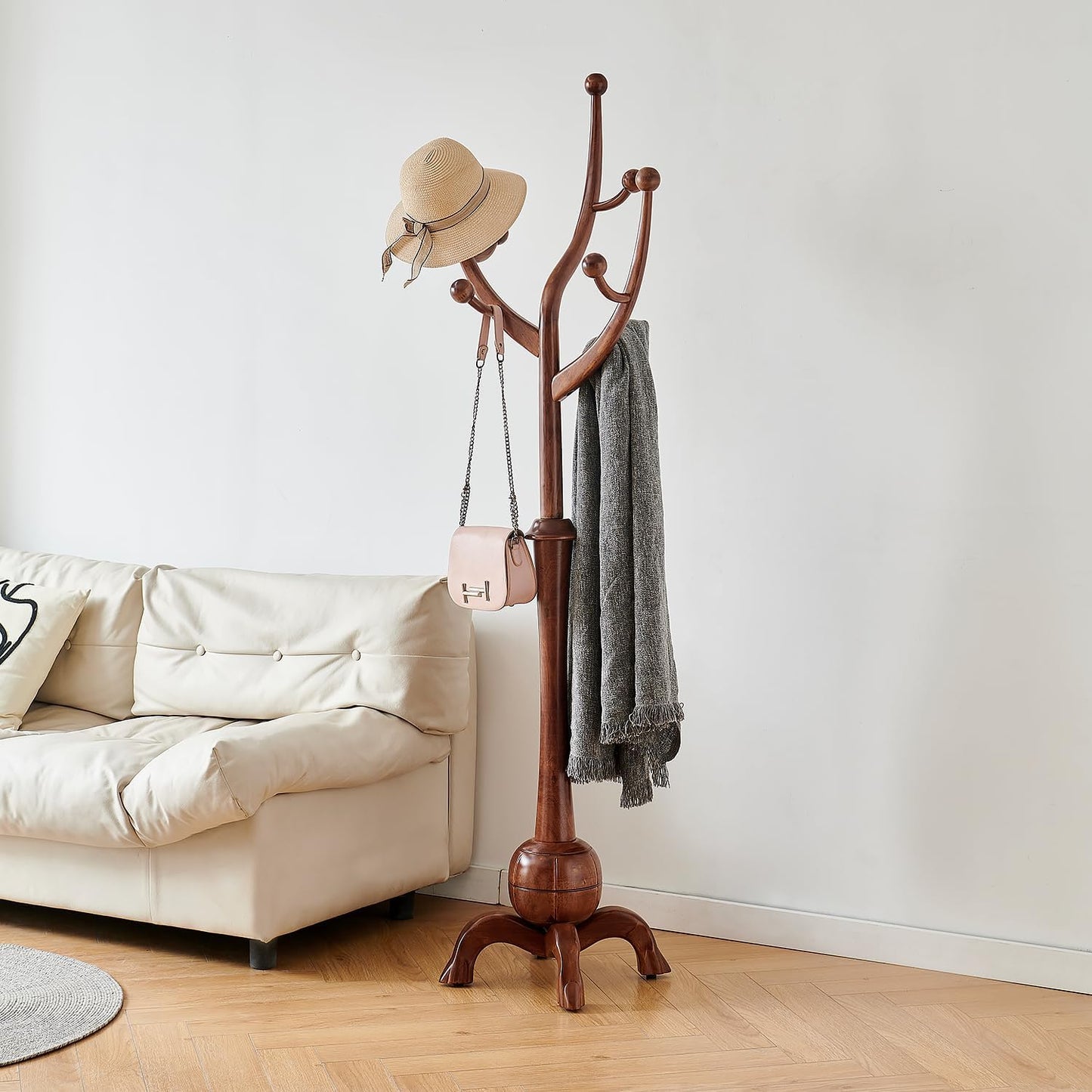 Entryway Wood Coat Rack Stand with Tree Branch Hooks, Freestanding Wooden Hat Coat Tree