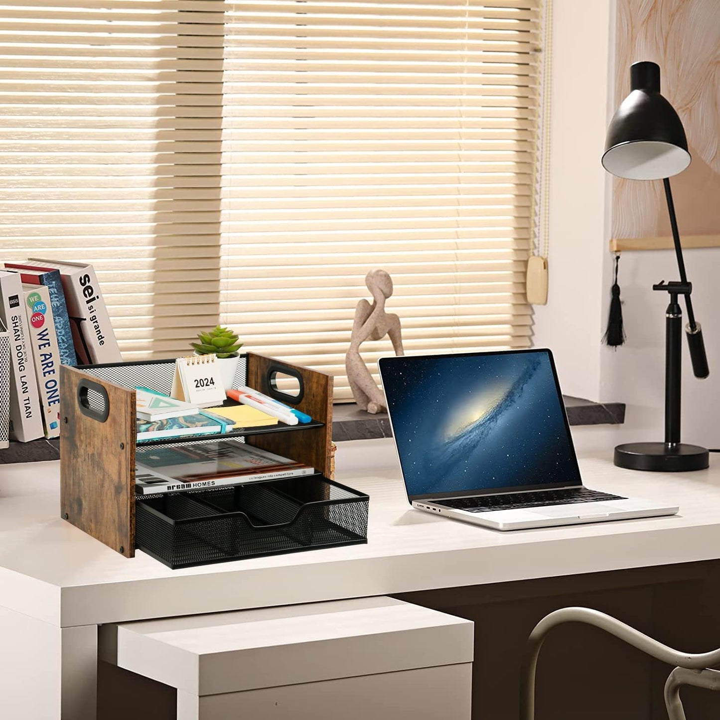 Wood Desk Organizer - 3-Tier Desktop File Organizer with Drawer, Wooden Paper Tray, Office Desk Organzier and Accessories for Papers, Mail, Notebooks, Stationery