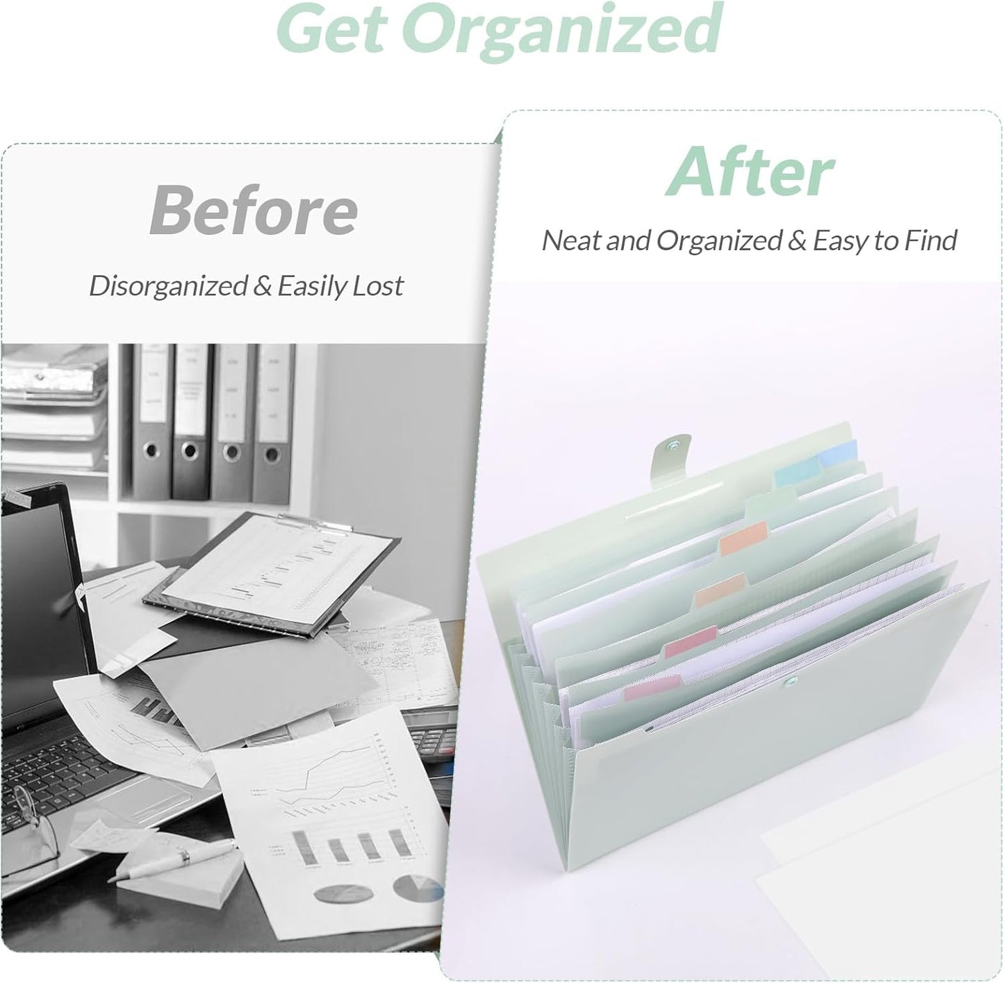 SKYDUE Expanding File Folder, Accordion File Organizer with 8 Pocket & Inner Card Pocket, Expandable Document Paper Receipt Holder for School Office Hospital, Letter/A4 Size Light Green