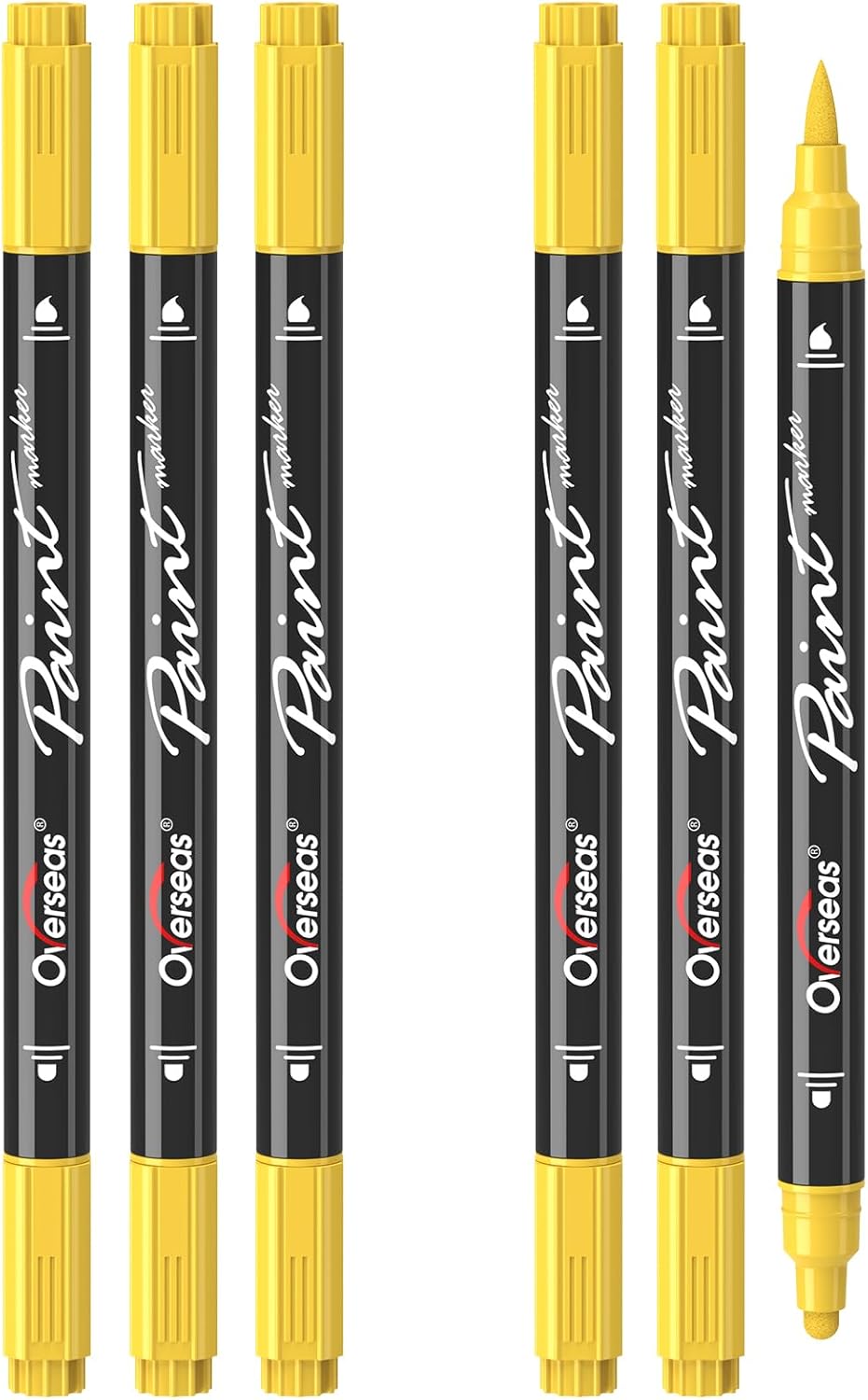 Overseas Yellow Acrylic Paint Markers, 6 Pack Dual Tip Paint Pens Acrylic Markers - Dot and Brush Tip Coloring Marker for Wood, Rock, Canvas, Glass, Metal, Plastic, Rubber, Fabric, School Supplies