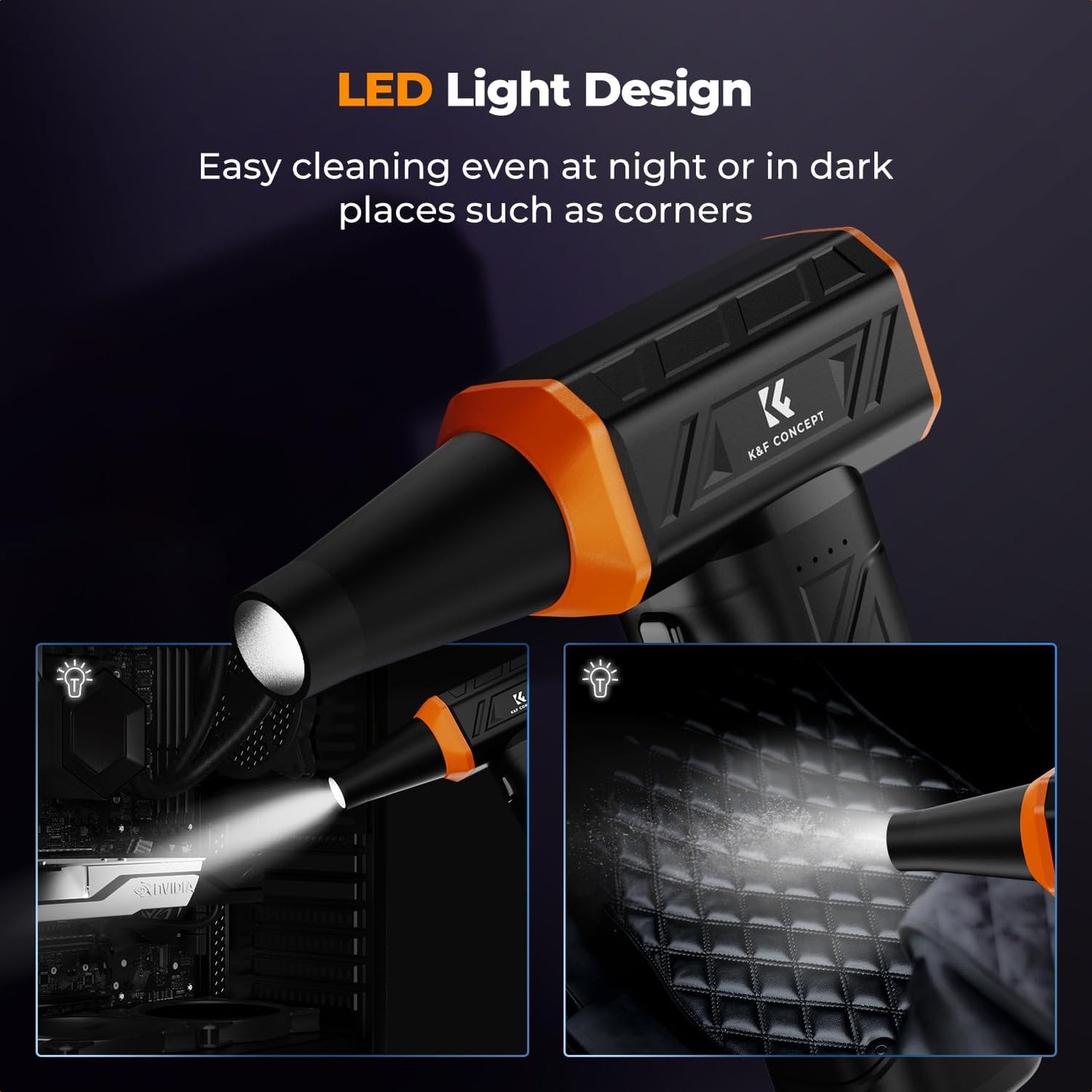 K&F CONCEPT Long-Lasting Compressed Air Duster, 8000mAh-150min Endurance| 150000RPM|LED Light|3 Gear Adjustable|Rechargeable Brushless Motor|for Computer, Keyboard, Car, Home