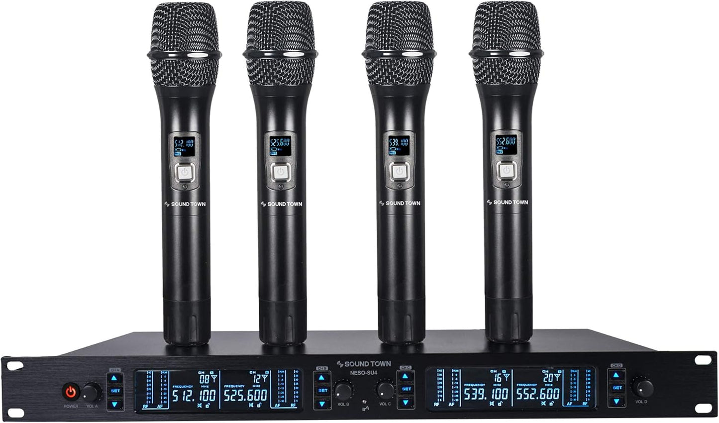 Sound Town 200 Channels Adjustable UHF Wireless Microphone System with Metal Receiver, 4 Handheld Mics and Auto Scan, for Church, School, Outdoor Wedding, Meeting, Party and Karaoke (NESO-SU4HH)