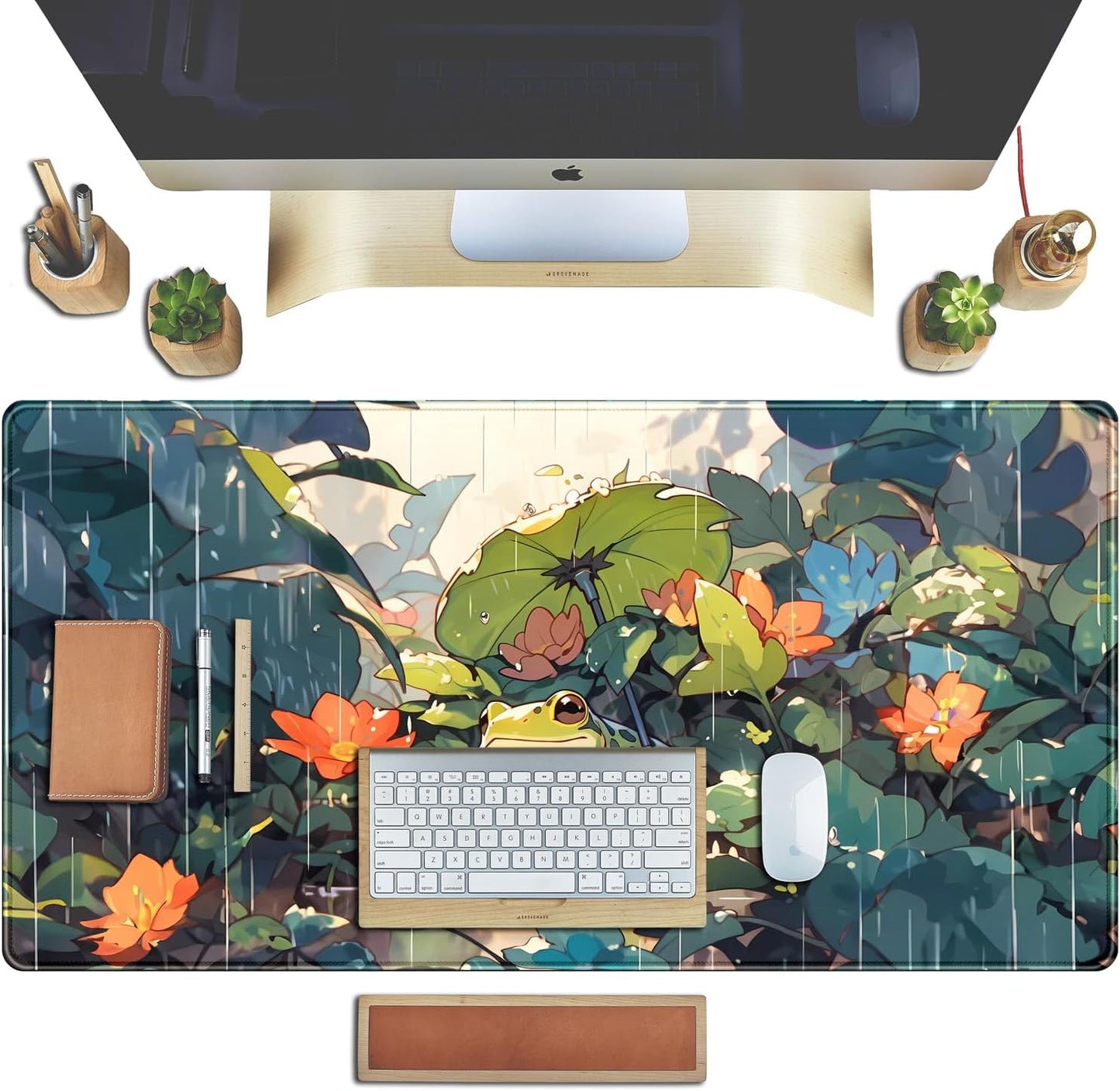 Anime Frog Mouse Pad Desk Mat Cure Frogs On Rainy Days Green Desk Decor Mat, Large Gaming Mouse Pad for Desk Computer Keyboard Laptop, Desk Decor Home Office Accessories for Girl with Stitched Eges