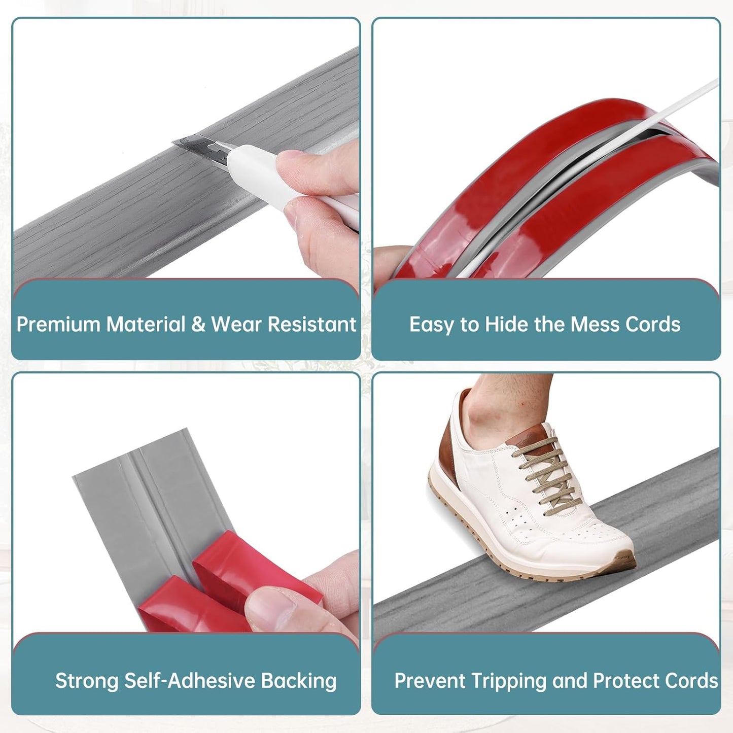 Floor Cord Cover Self Adhesive Cord Hider Floor Extension Cord Covers for Floor Power Cord Protector Cable Management Prevent Cable Trips Cable Cavity 0.51" W x 0.31" H (Light Grey Wood, 10Ft)