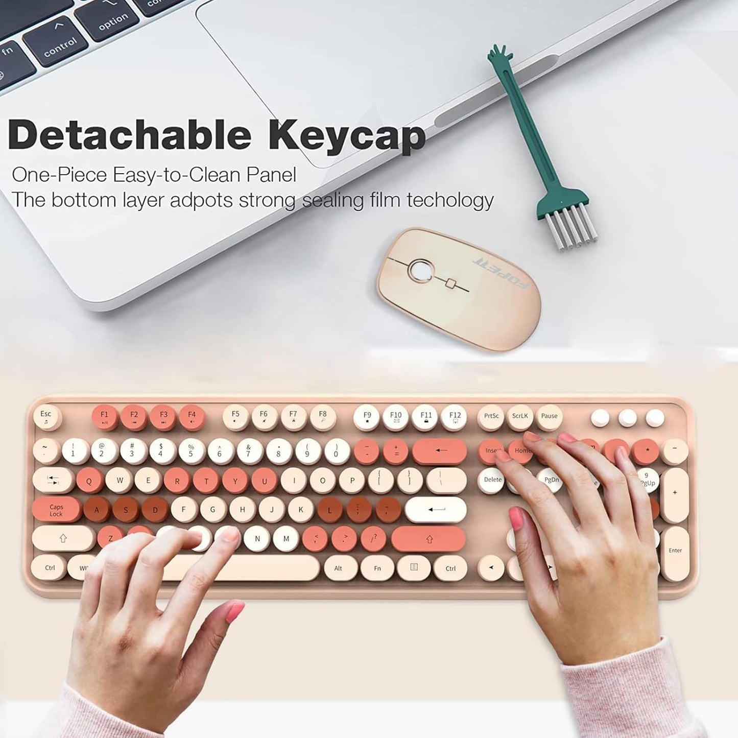 FD Wireless Keyboard and Mouse Combo | Cute Colorful Keyboard and Mouse with 2.4GHz Cordless Retro Typewriter Keyboard | Auto-Sleep | USB Receiver for Windows PC/Laptop - Creamy Colorful