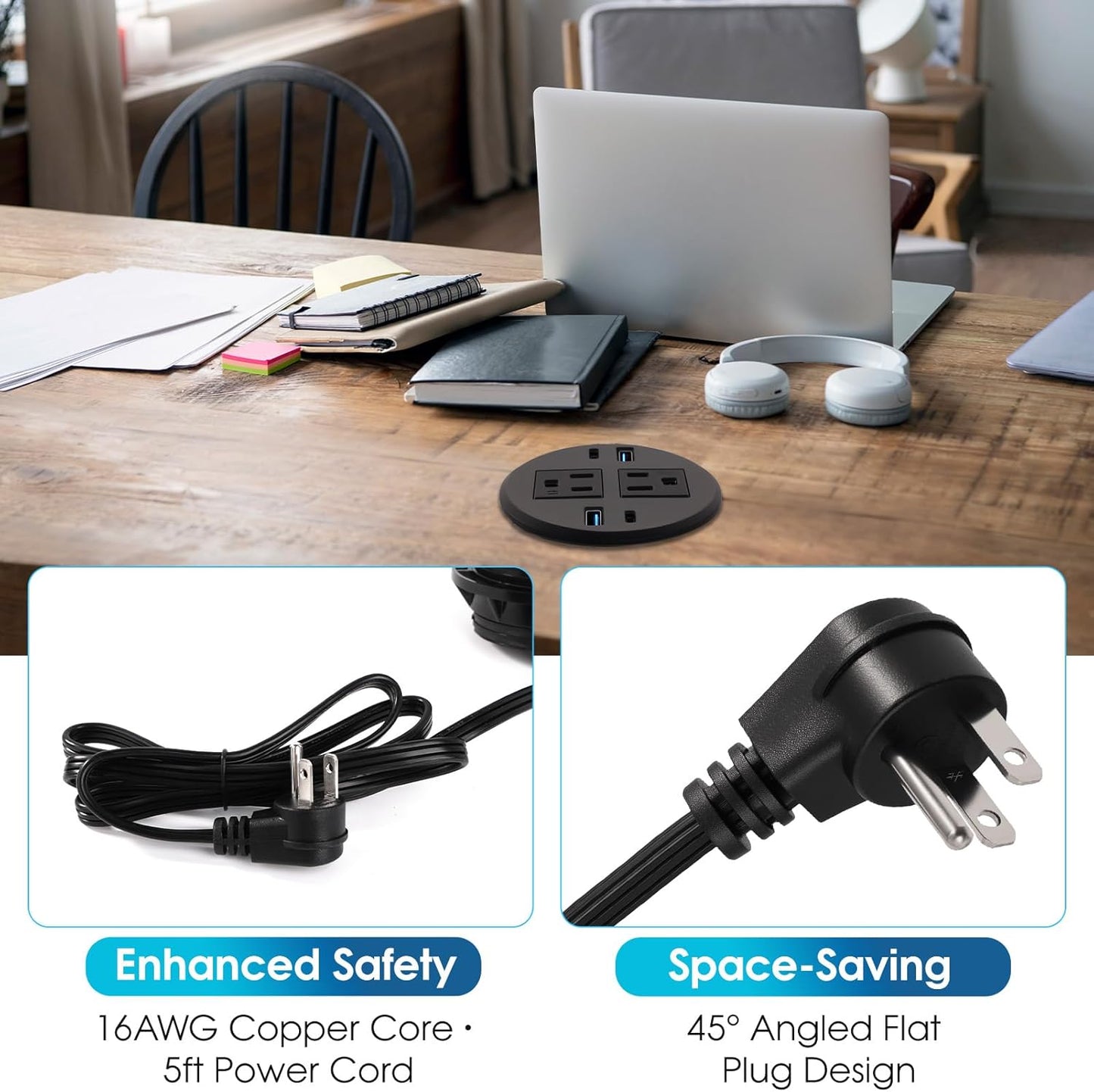 6 in 1 Desk Power Grommet Dia 3.15‘’(80mm), 40W Recessed Power Strip with Dual 20W USB-C Fast Charging, Flush Mount USB Outlet for Desk, Tables&Furniture, fits 3-1/5'' ~ 3-3/8'' Hole (1 Pack)