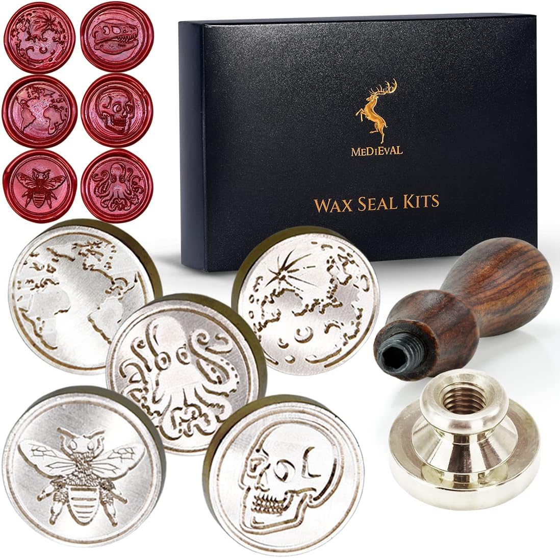 Wax Seal Stamp Kit, Set of 6 Sealing Wax Stamp with Brass Head Wooden Handle (Moon & Sun World Map Dinosaur Skeleton Bumblebee Octopus Design)