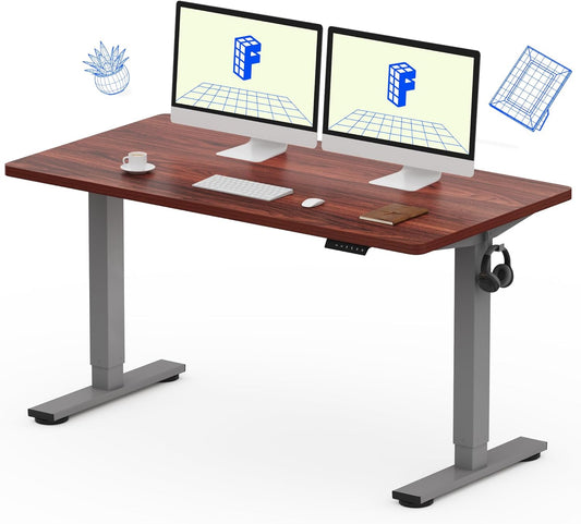 FLEXISPOT EN1 Whole Piece Standing Desk 55 x 28 Inches Stand Up Height Adjustable Desk for Workstation and Home Office (Silver Frame + Mahogany Top, 2 Packages)