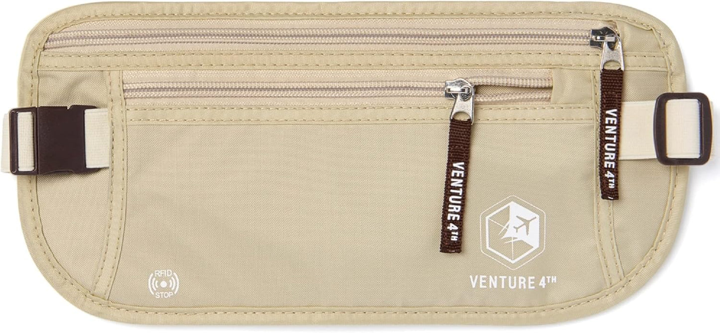 VENTURE 4TH Travel Money Belt - Slim Passport Holder RFID Blocking Travel Pouch to Protect Cash, Credit Cards and Travel Documents (Beige)