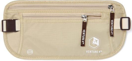 VENTURE 4TH Travel Money Belt - Slim Passport Holder RFID Blocking Travel Pouch to Protect Cash, Credit Cards and Travel Documents (Beige)