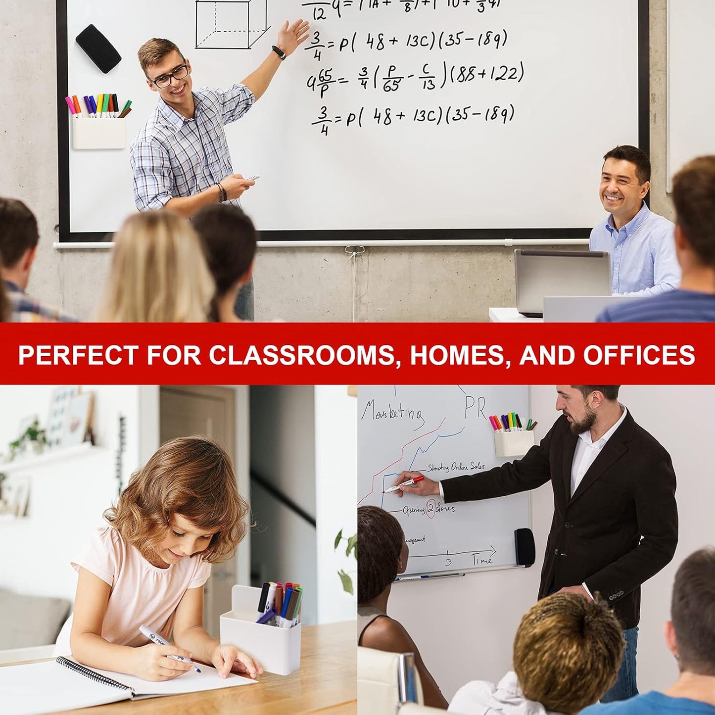 NiArt Whiteboard Magnetic Dry Erase Marker Holder Set, 12 Colors Fine Markers, Magnetic Whiteboard, Dry Eraser for School Office Home