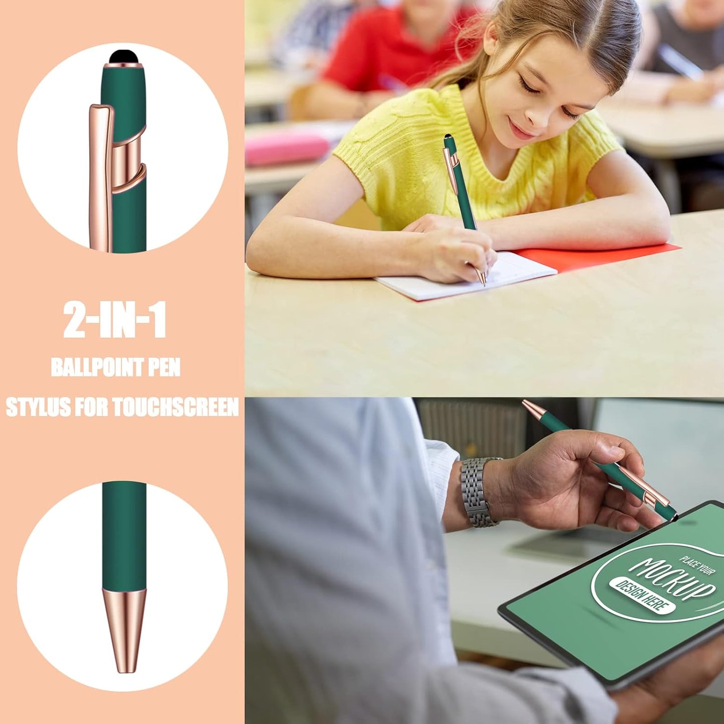 8 Pcs Blue Ink Ballpoint Pen with Stylus Tip 2 in 1 Stylus Ballpoint Pen Metal Pens Stylus Pen for Touch Screens School Office Coworkers (Green Rose Gold)