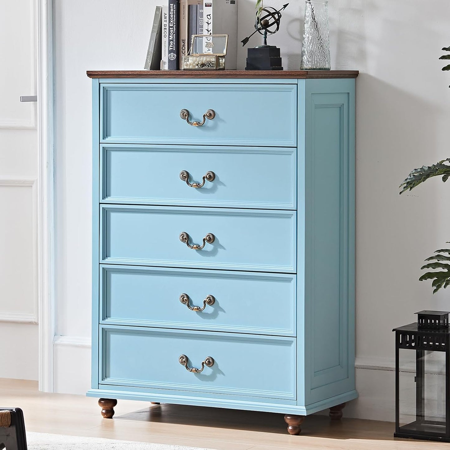 Farmhouse 5 Drawer Dresser Set of 2 for Bedroom, 45" Tall Vintage Chests of Drawers w/ 4 Solid Wood Feet, Mid Century Rustic Closet Storage Dressers Organizer for Living Room, Light Blue