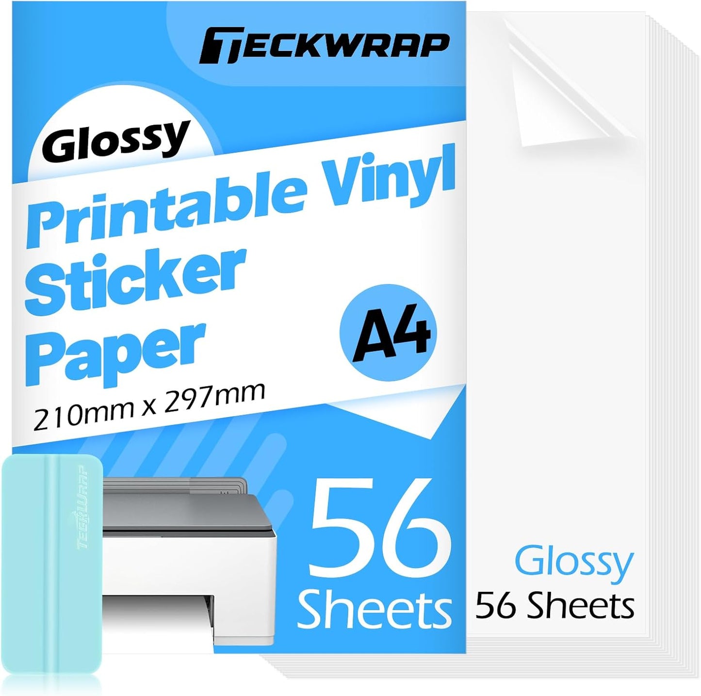 TECKWRAP Printable Vinyl Sticker Paper for Inkjet Printer, Glossy Inkjet Printable Vinyl, 8.26" x 11.69" A4 56 Sheets/Pack Printing Paper for Craft Scrap-Booking, Stickers, Labels
