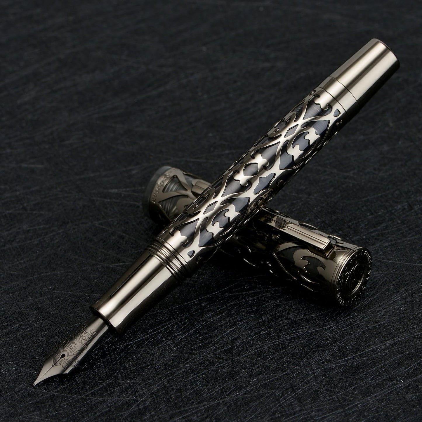 Hongdian D1 Piston Fountain Pen Fine Soft Nib, Jet Black Hollow Skeleton & Resin Pen with Metal Case Set
