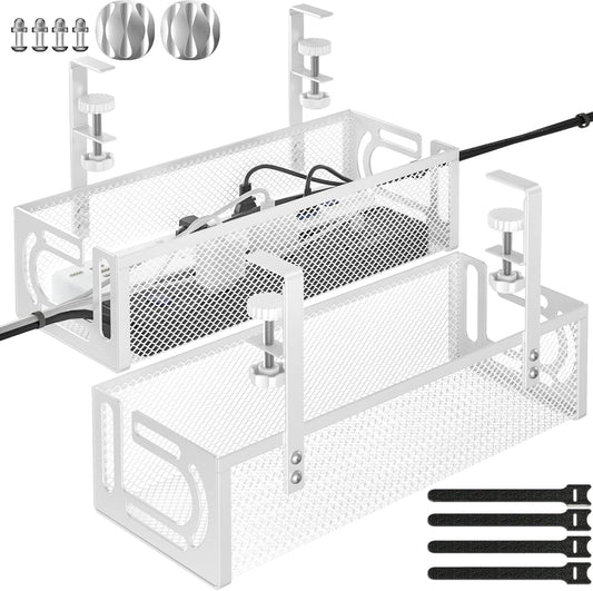 Under Desk Cable Management Tray, 15.7'' No Drill Steel Desk Cable Organizers, Wire Management Tray Cable Management Rack (2 Packs-White)