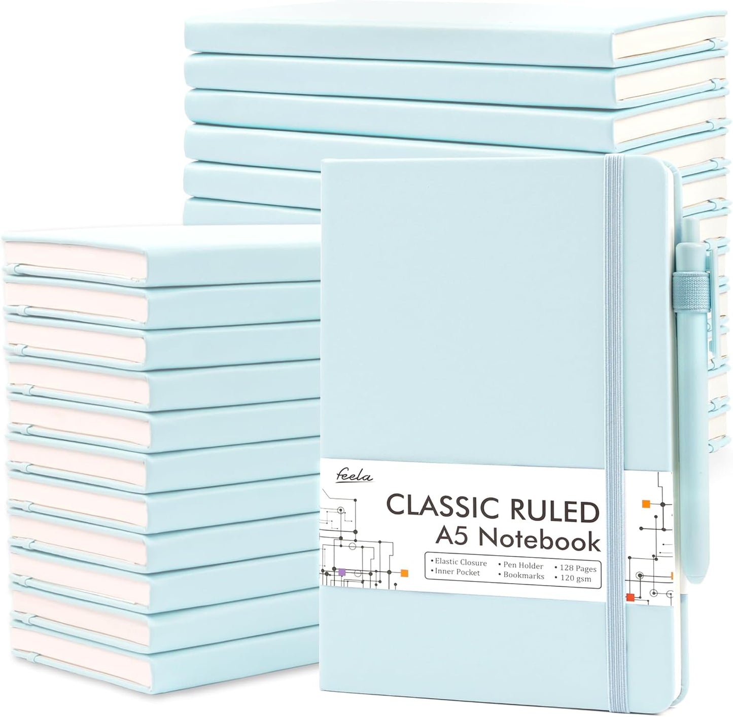 feela 24 Pack Journal Notebook Bulk for Work, Business Notebook Hardcover Lined Writing Journal with Pen Holder for Students Women Note Taking, with 24 Black Pens, 120 GSM, 5.1”x8.3”, A5, Sky Blue