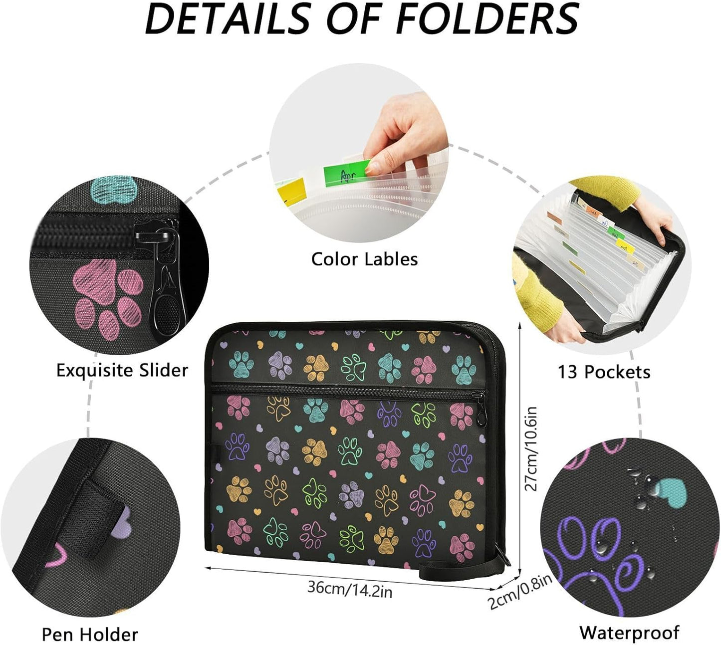Gredecor 13 Pockets File Folder Organizer A4/Letter Water Resistant Colorful Doodle Paw Document Bag with Zipper Filing Folder Expanding File Pouch Storage for School Office