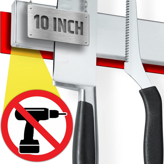 Strong Adhesive (No Drill) Magnetic Knife Holder for Wall - Professional 10 Inch Knife Strip - No Screws Needed - Adhesive Backing - Stainless Steel Bar (Upgraded Version – Will Not Fall)