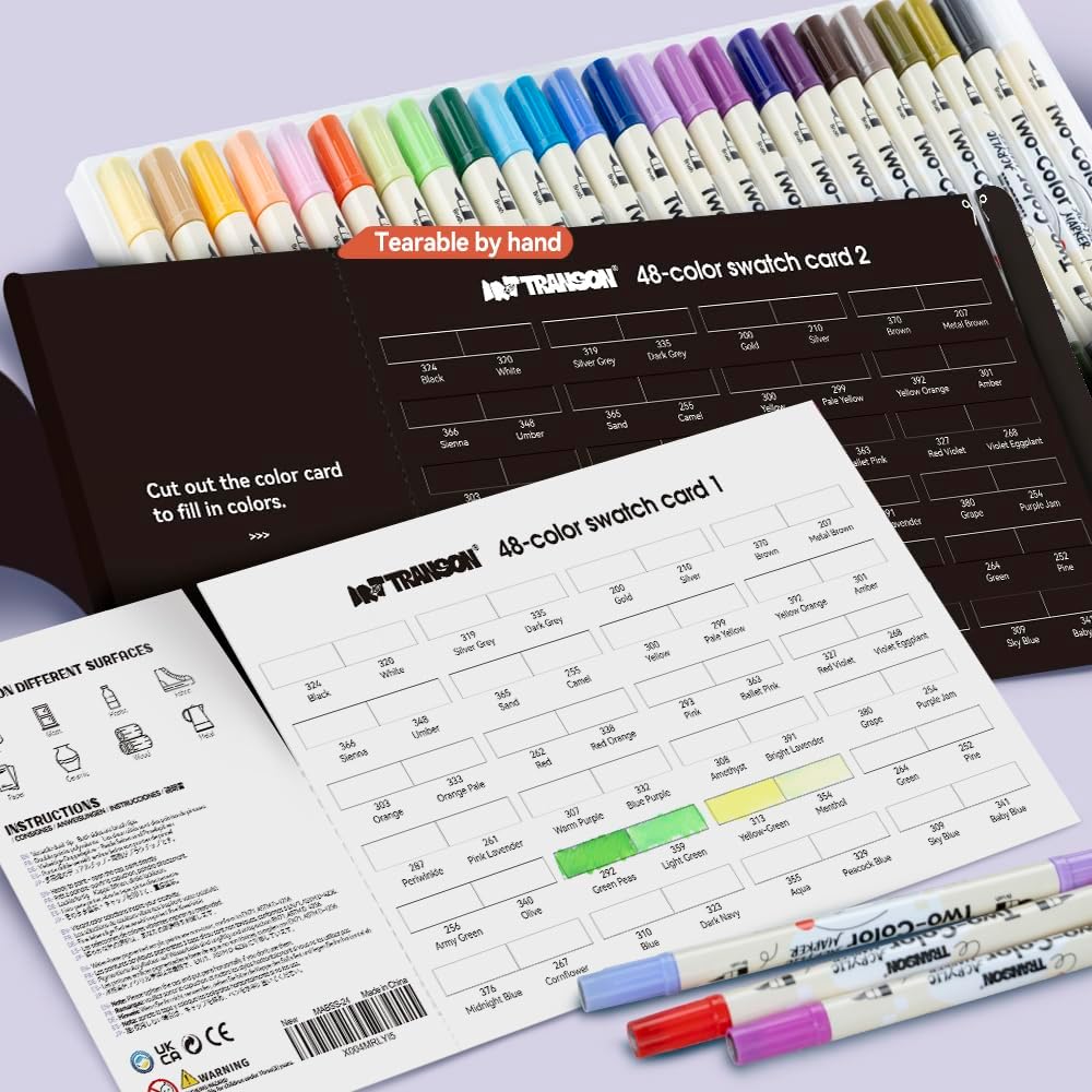 TRANSON 48 Colors Acrylic Paint Marker Set, 24 Pieces of Dual-color Acrylic Paint Pens with Brush Tips Versatile for Craft Painting, Drawing, Rock Painting, DIY, Paint on Most Surfaces